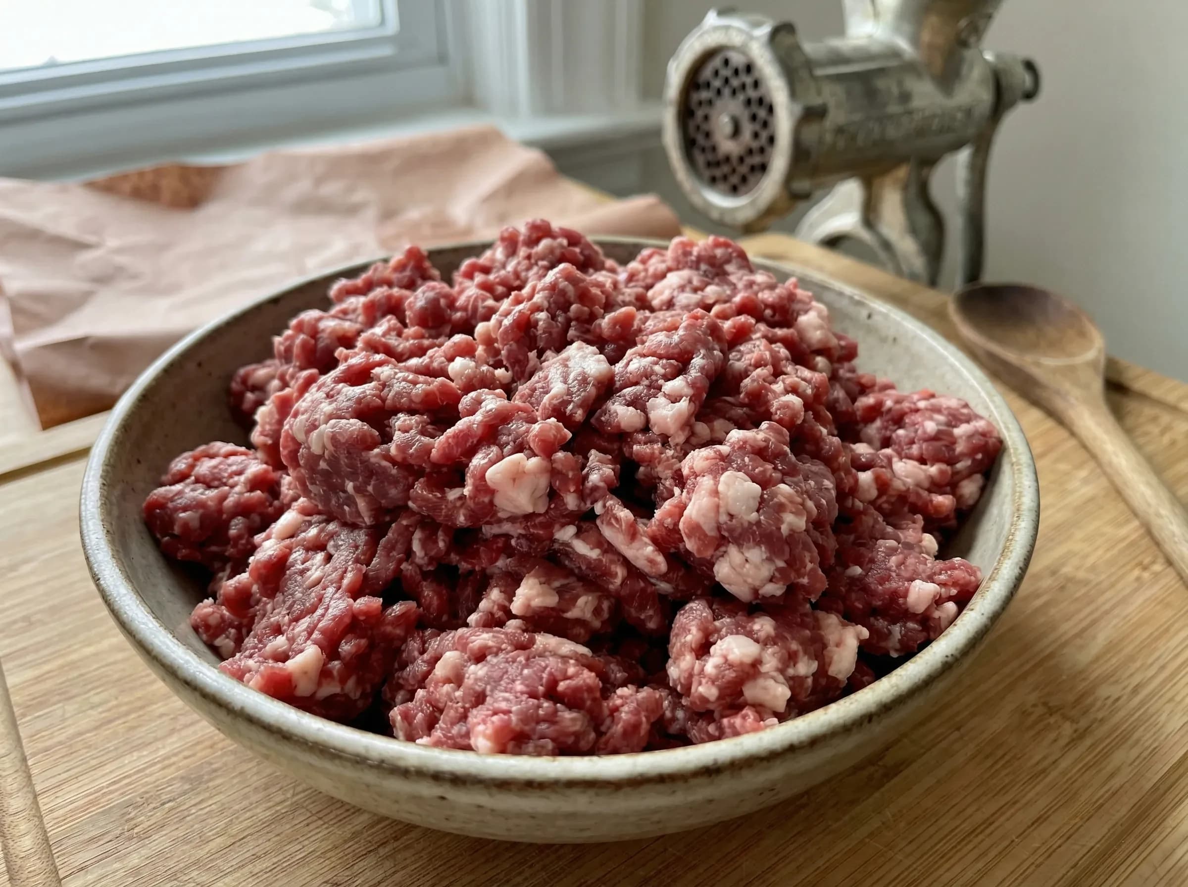 Close-up of 80/20 ground beef showing ideal fat distribution for burgers