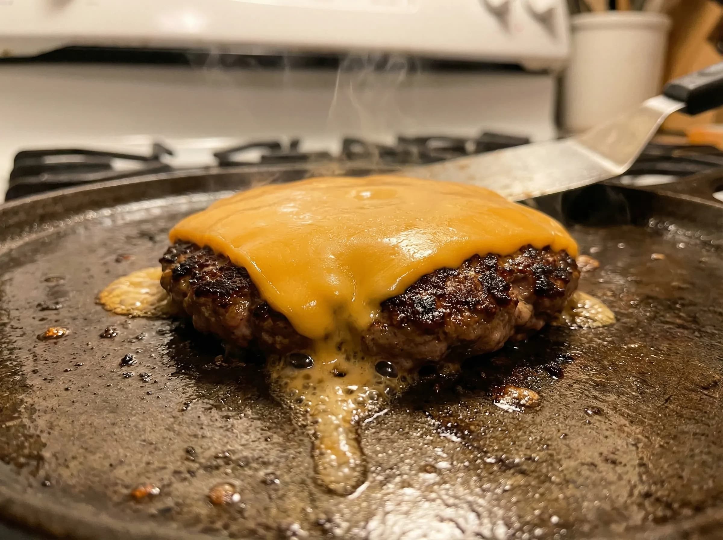 American cheese melting perfectly on burger patty showing ideal gooey texture