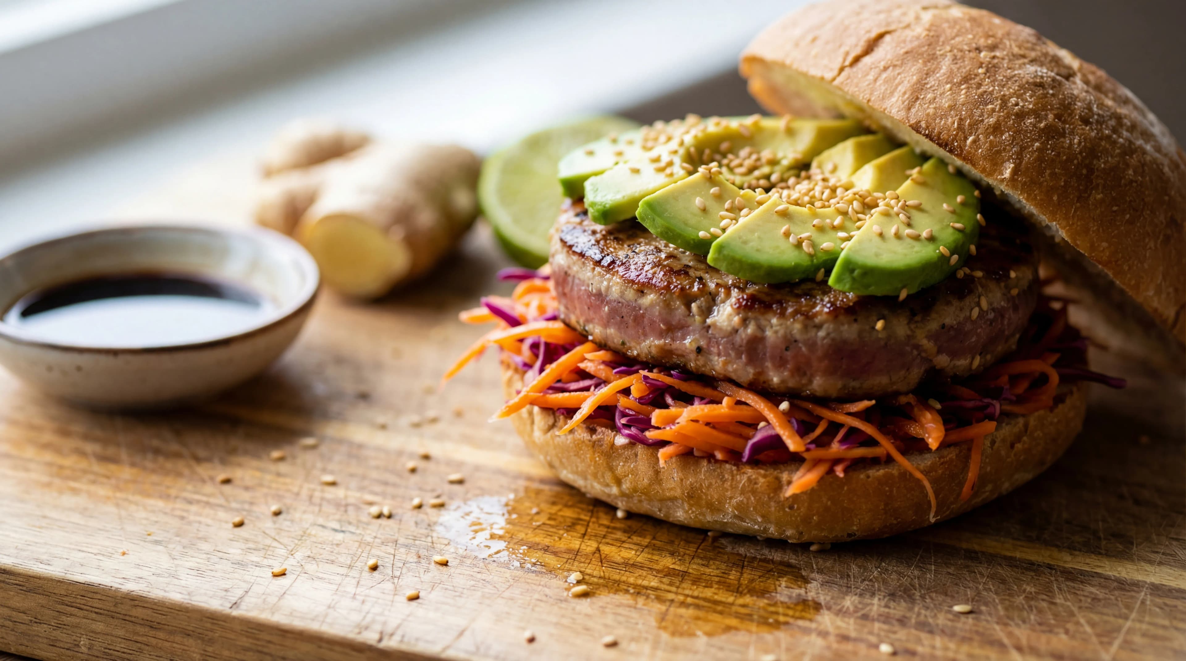 Asian-Style Tuna Burger with Ginger Slaw