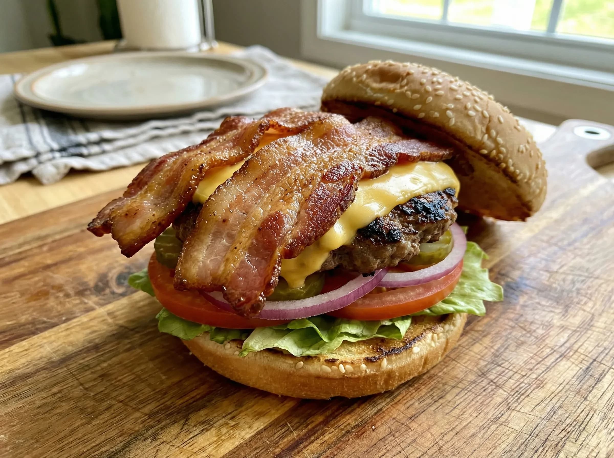 Bacon cheeseburger with crispy bacon strips arranged on melted cheese