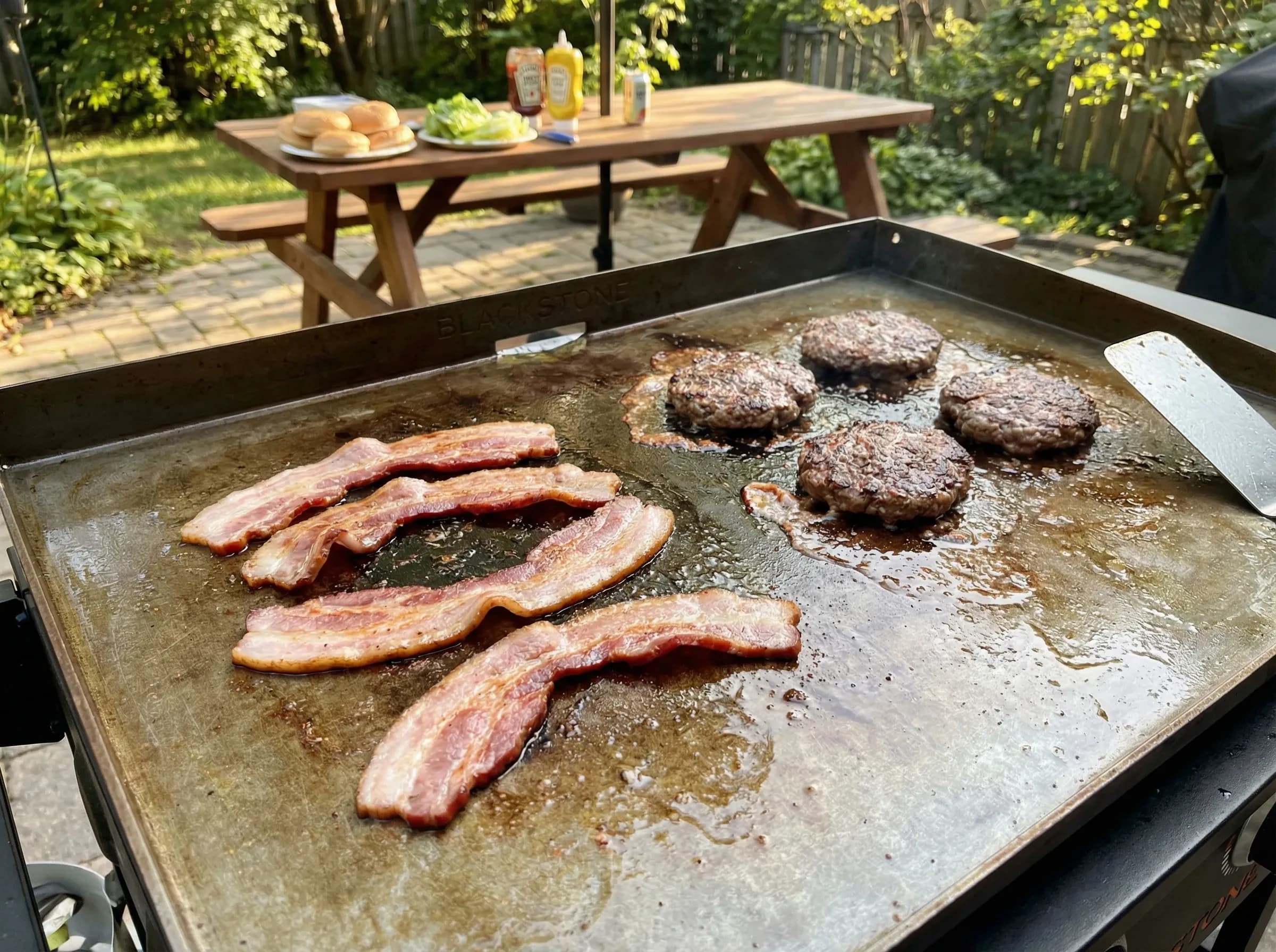 Bacon strips cooking on flat-top griddle alongside burger patties
