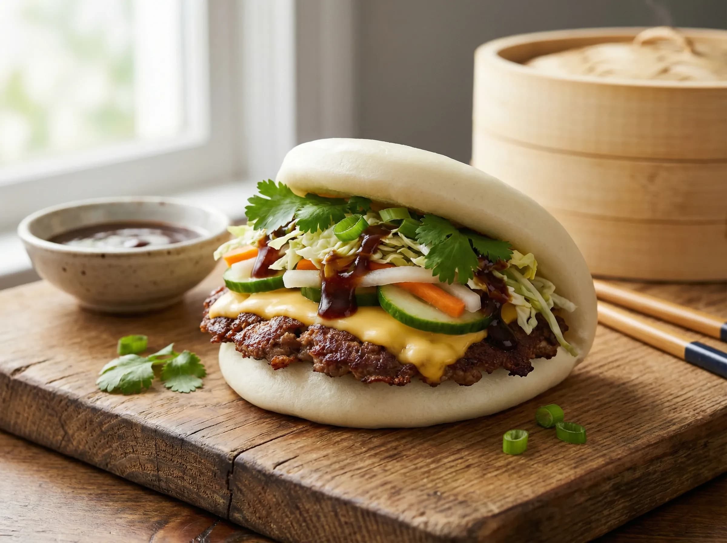 Fluffy bao bun burger with smash patty, American cheese, and Asian pickles