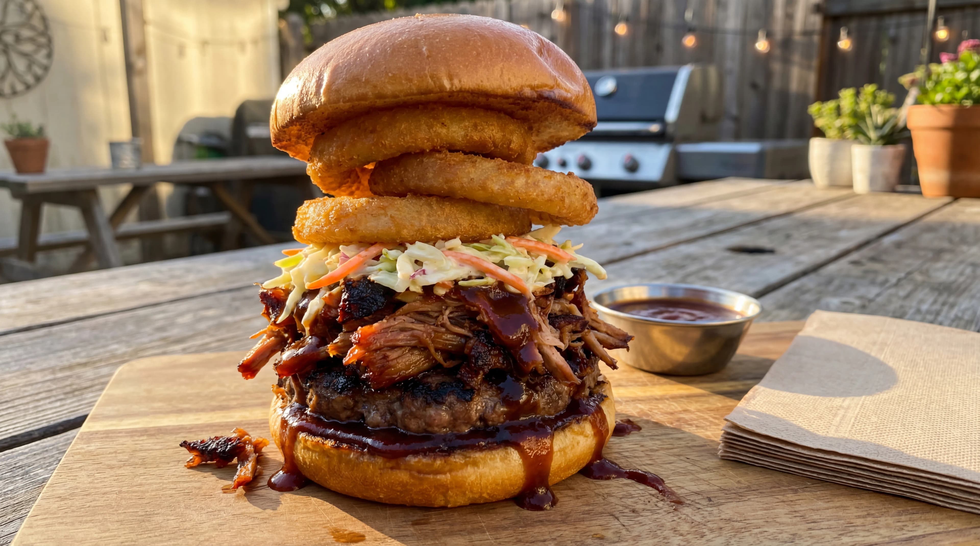 BBQ Pulled Pork Burger with Crispy Onion Rings