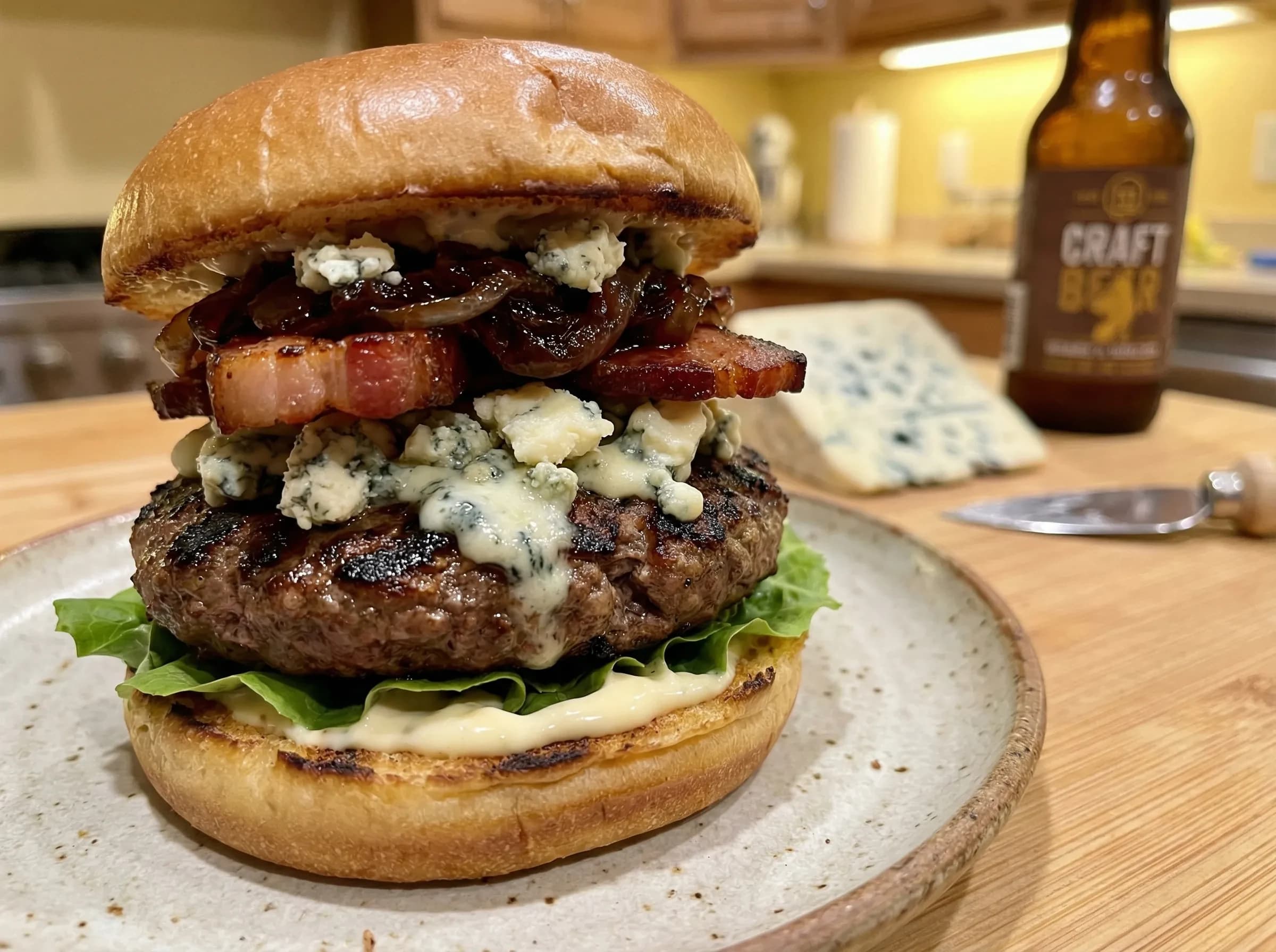 Blue cheese crumbled on burger with bacon and caramelized onions