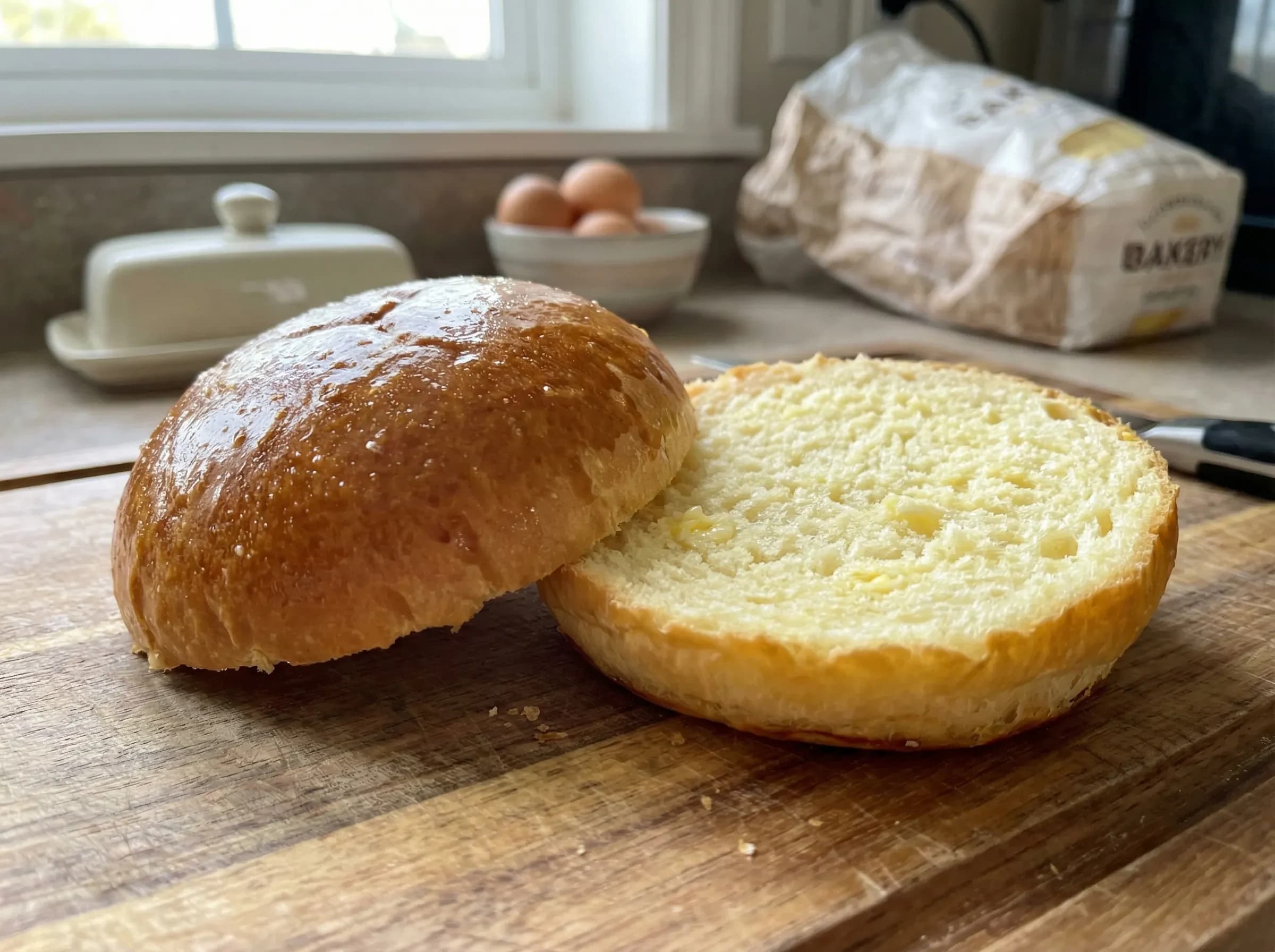 Golden brioche burger bun with buttery texture and soft crumb