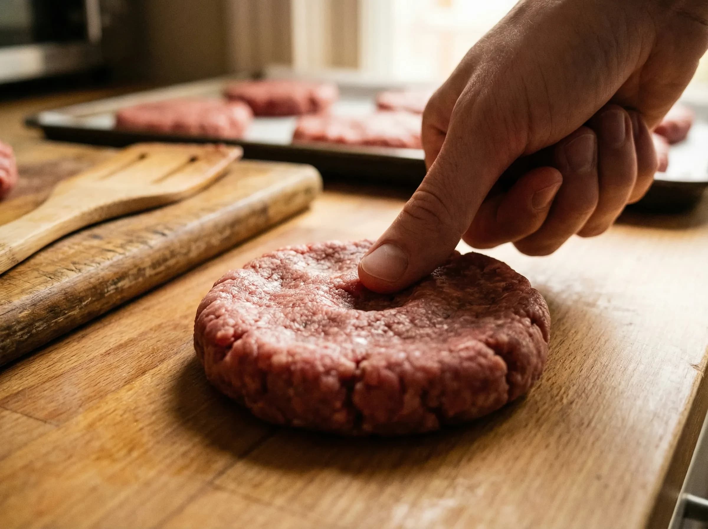 Raw burger patty with thumb indent in center to prevent puffing