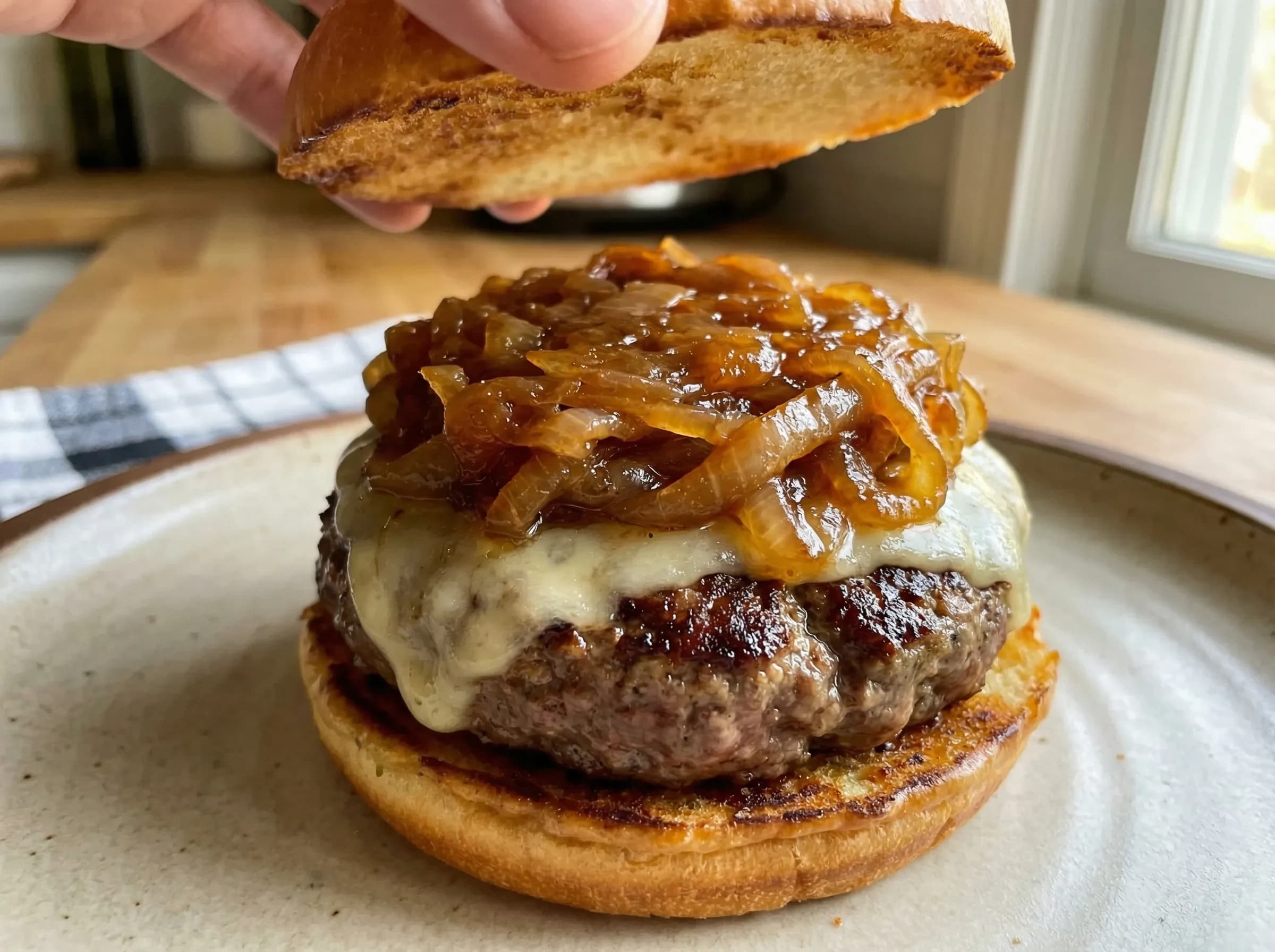 Caramelized onions piled on cheeseburger with melted cheese