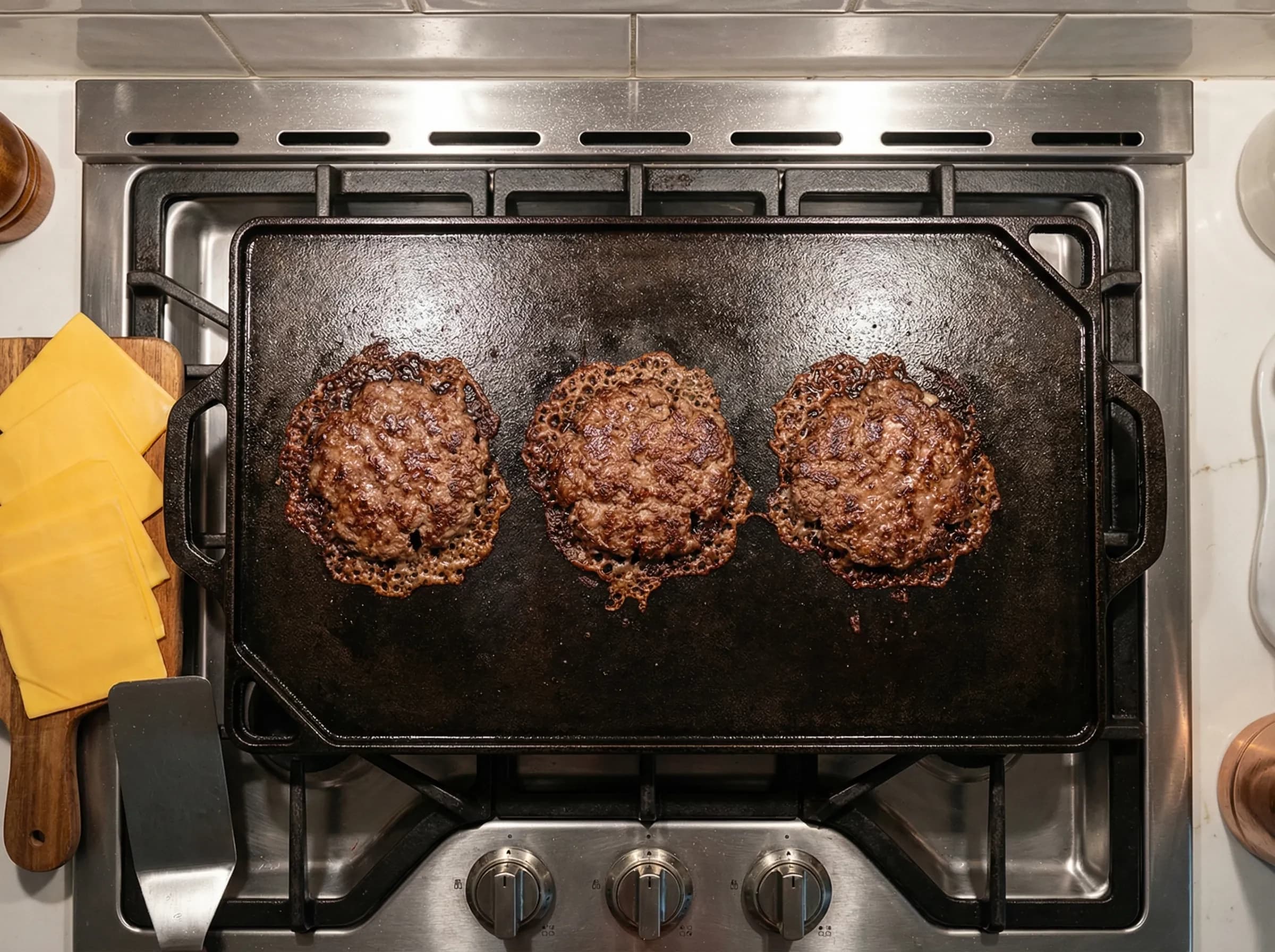 Two smash burger patties cooking on hot cast iron griddle with melted cheese