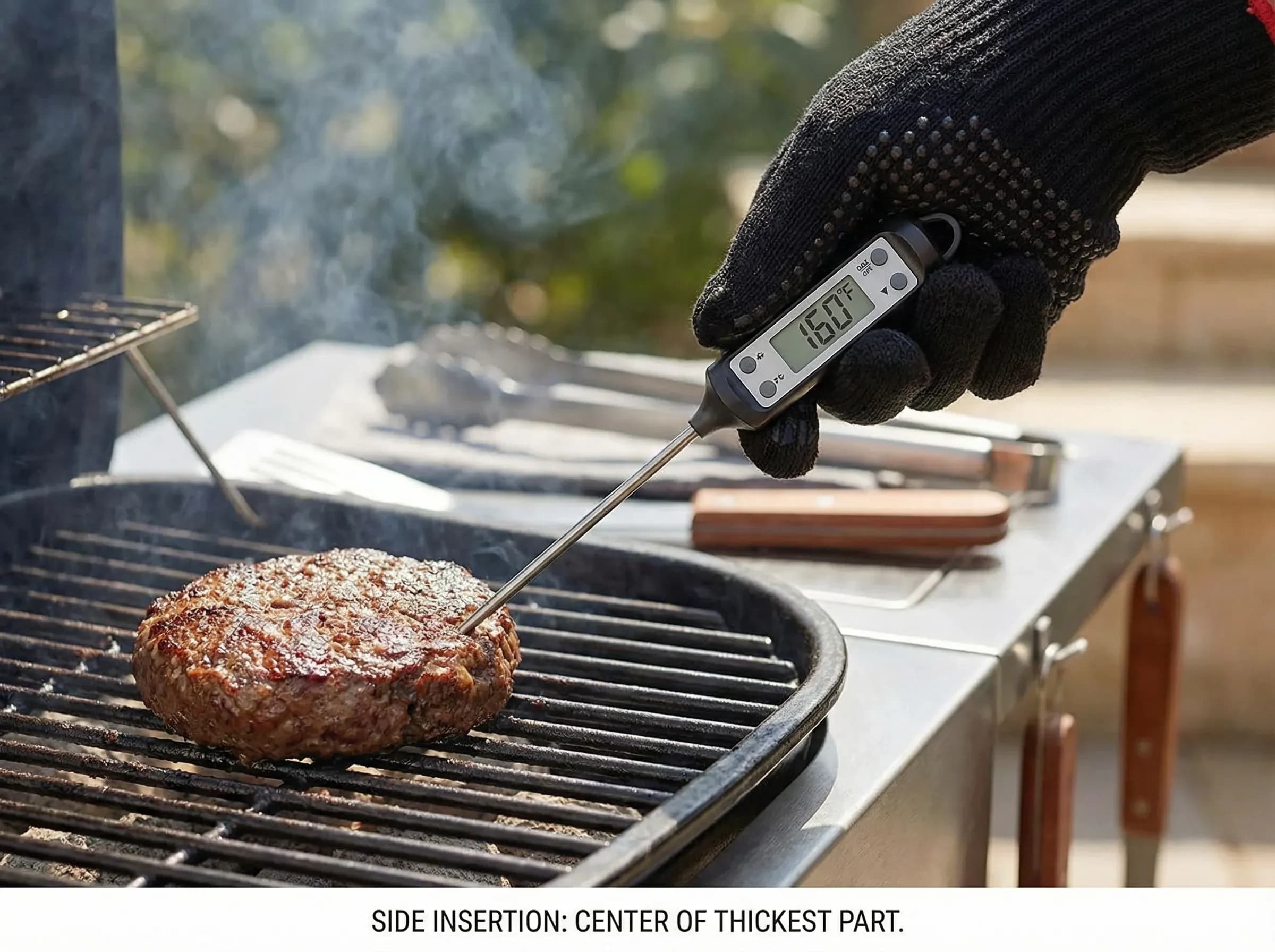 Instant-read thermometer checking that a grilled burger has reached 160°F