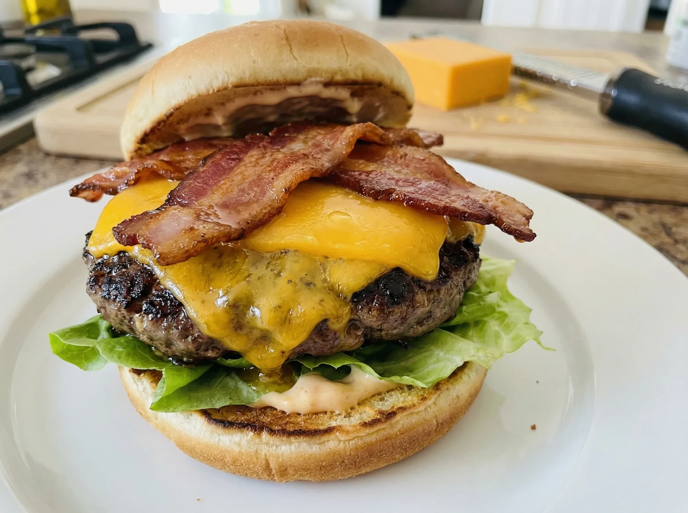 Sharp cheddar cheese on bacon cheeseburger with melted cheese and crispy bacon