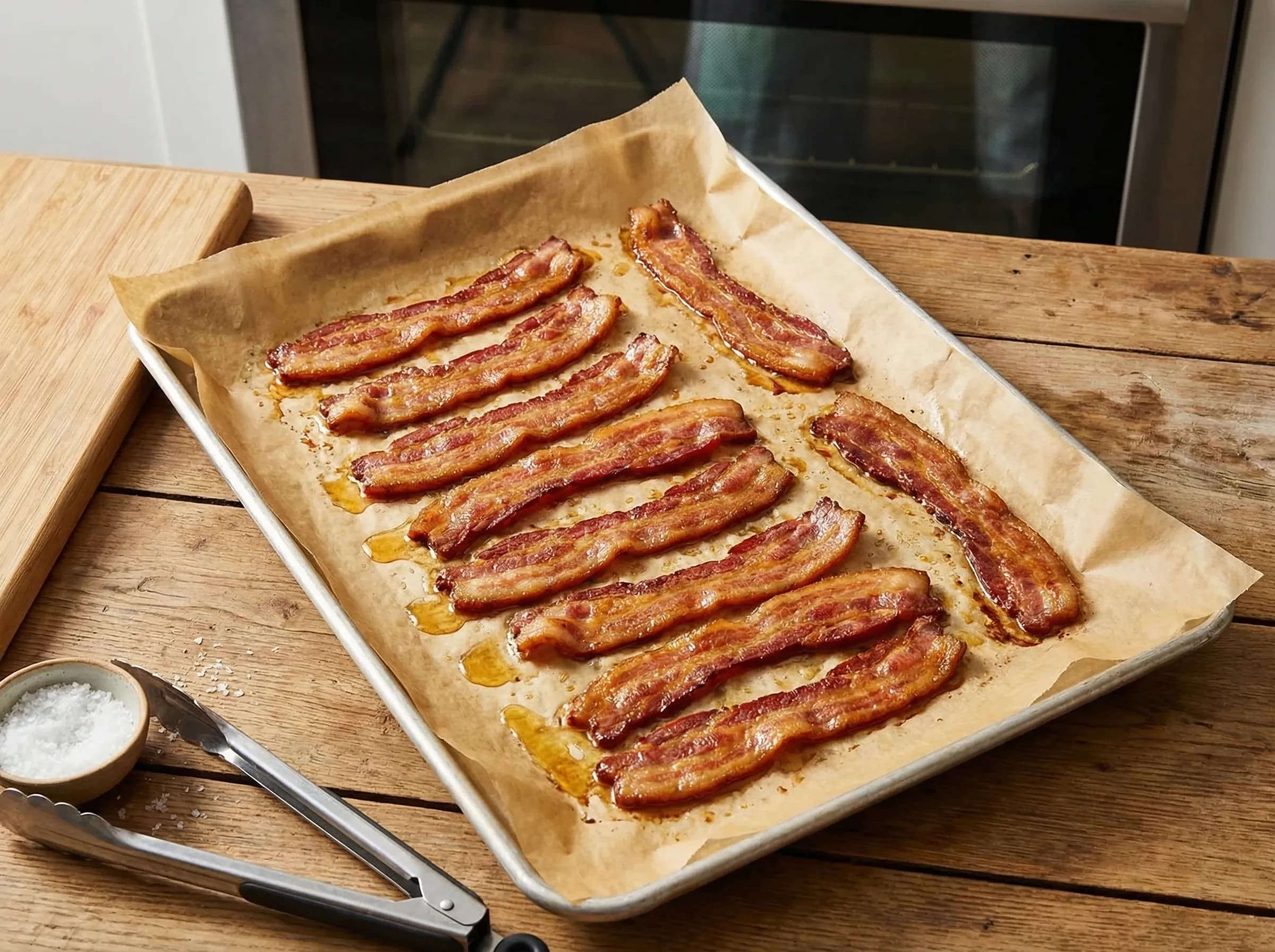 Perfectly crispy flat bacon strips on baking sheet from oven cooking