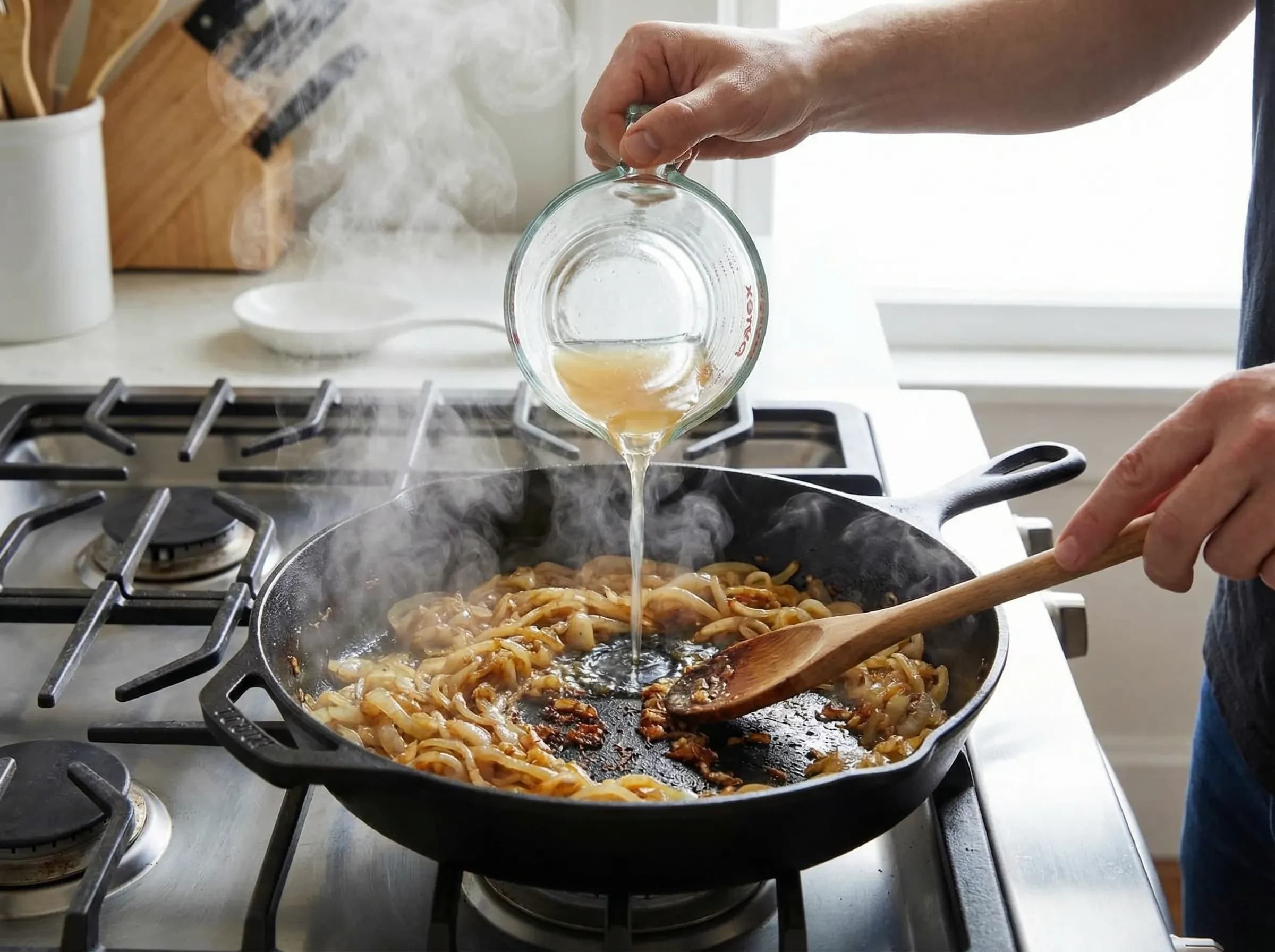 Adding water to deglaze pan while cooking caramelized onions