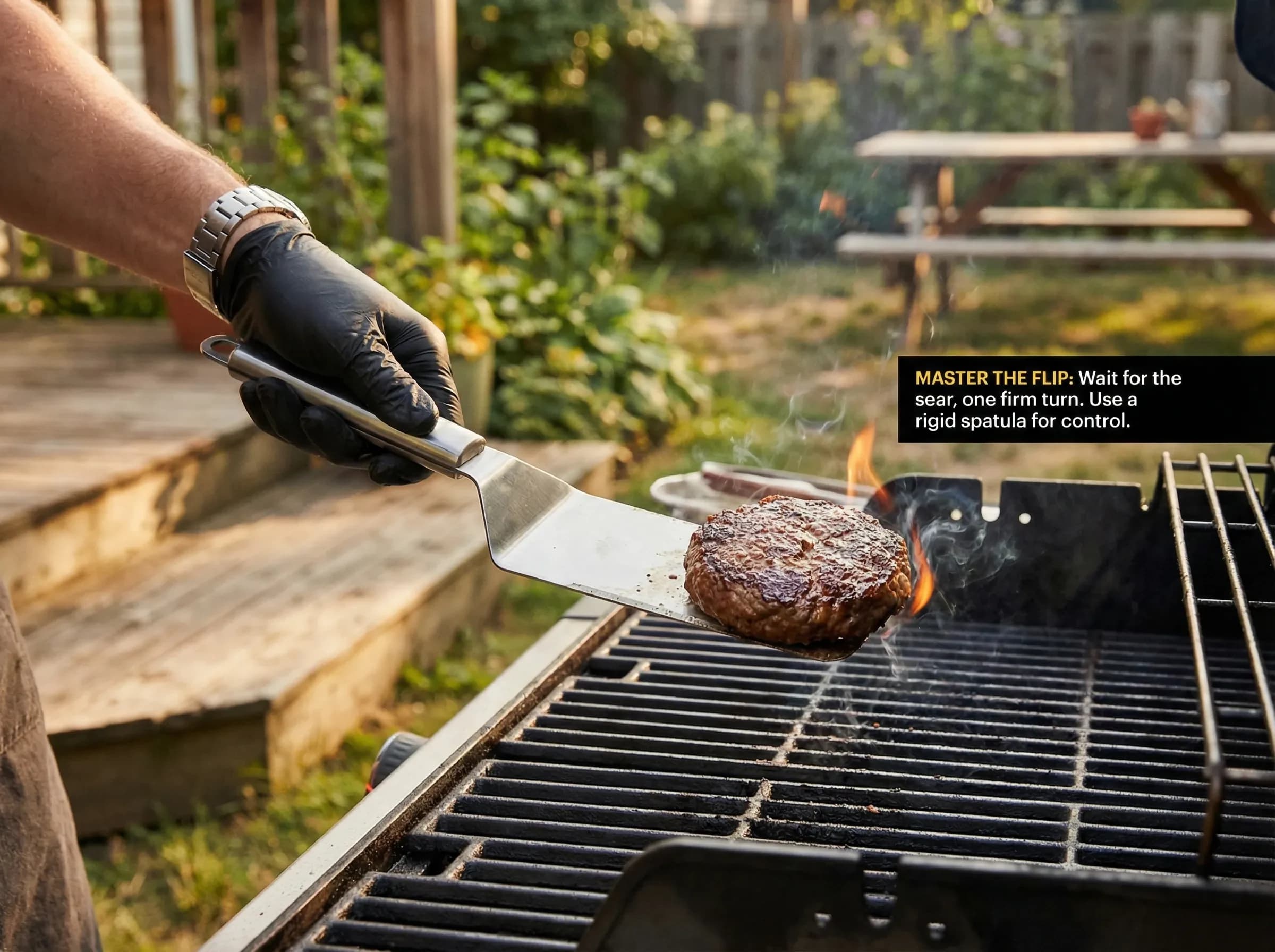 Metal spatula flipping burger on hot grill with perfect char marks