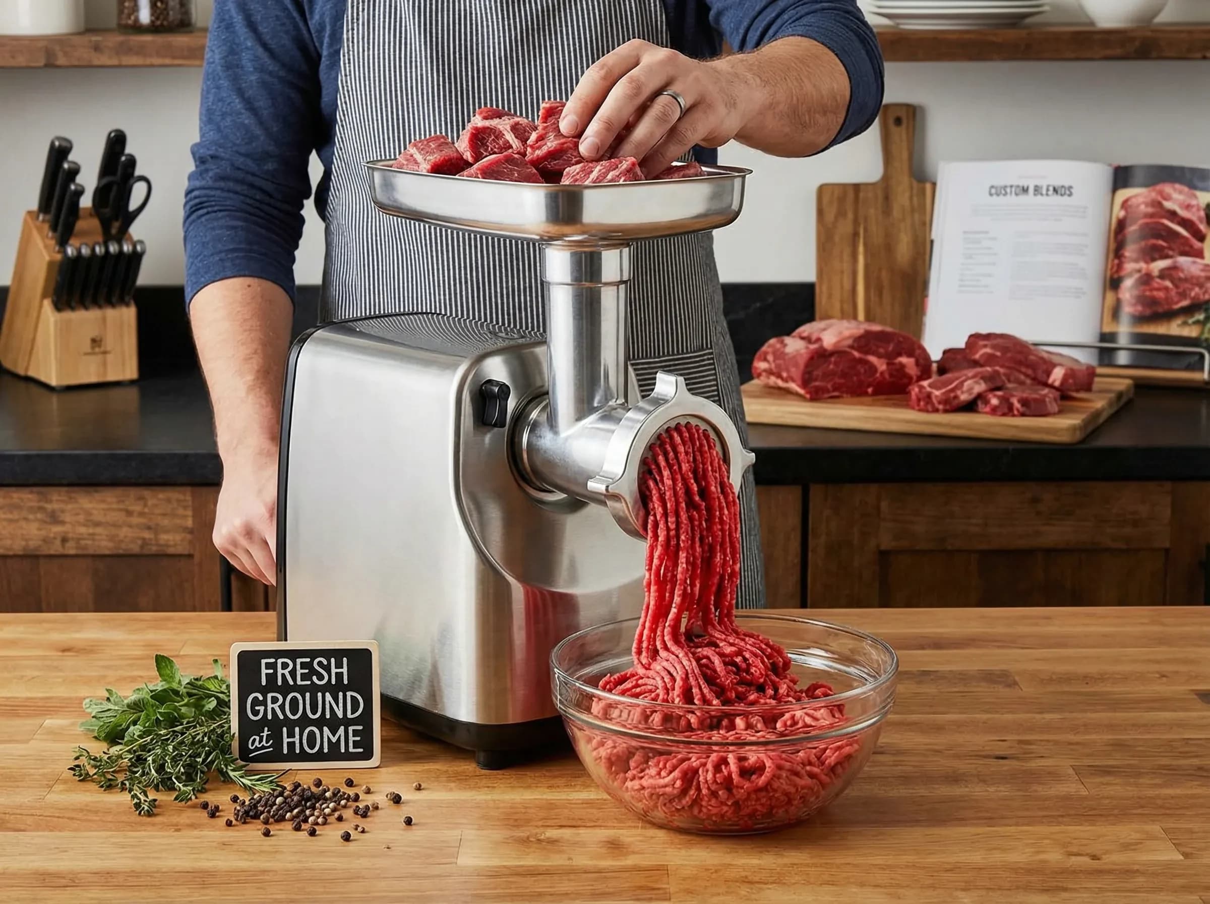 Butcher grinding fresh beef at meat counter for burger patties