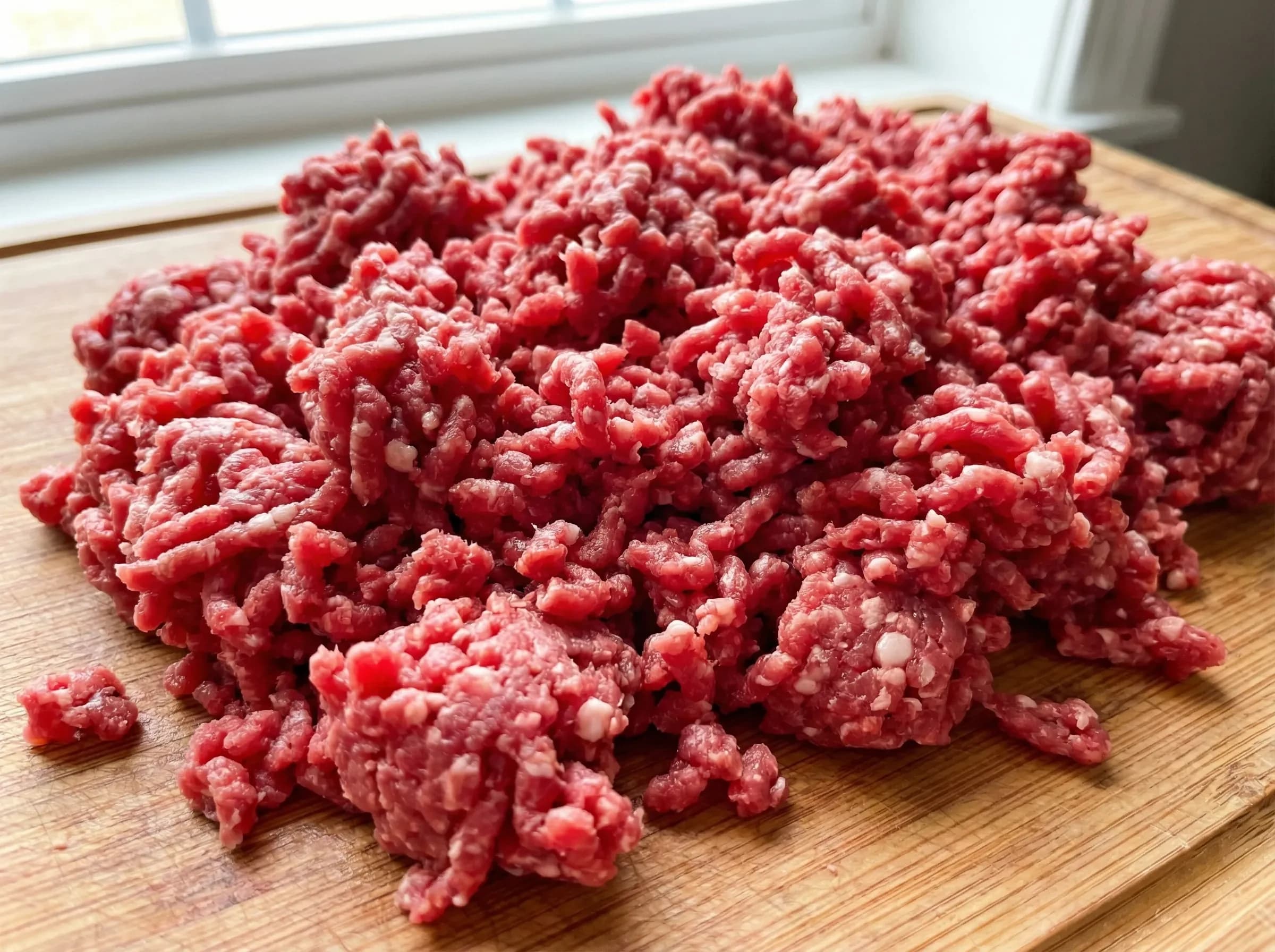 Close-up of freshly ground beef showing loose, pebbly texture ideal for burgers