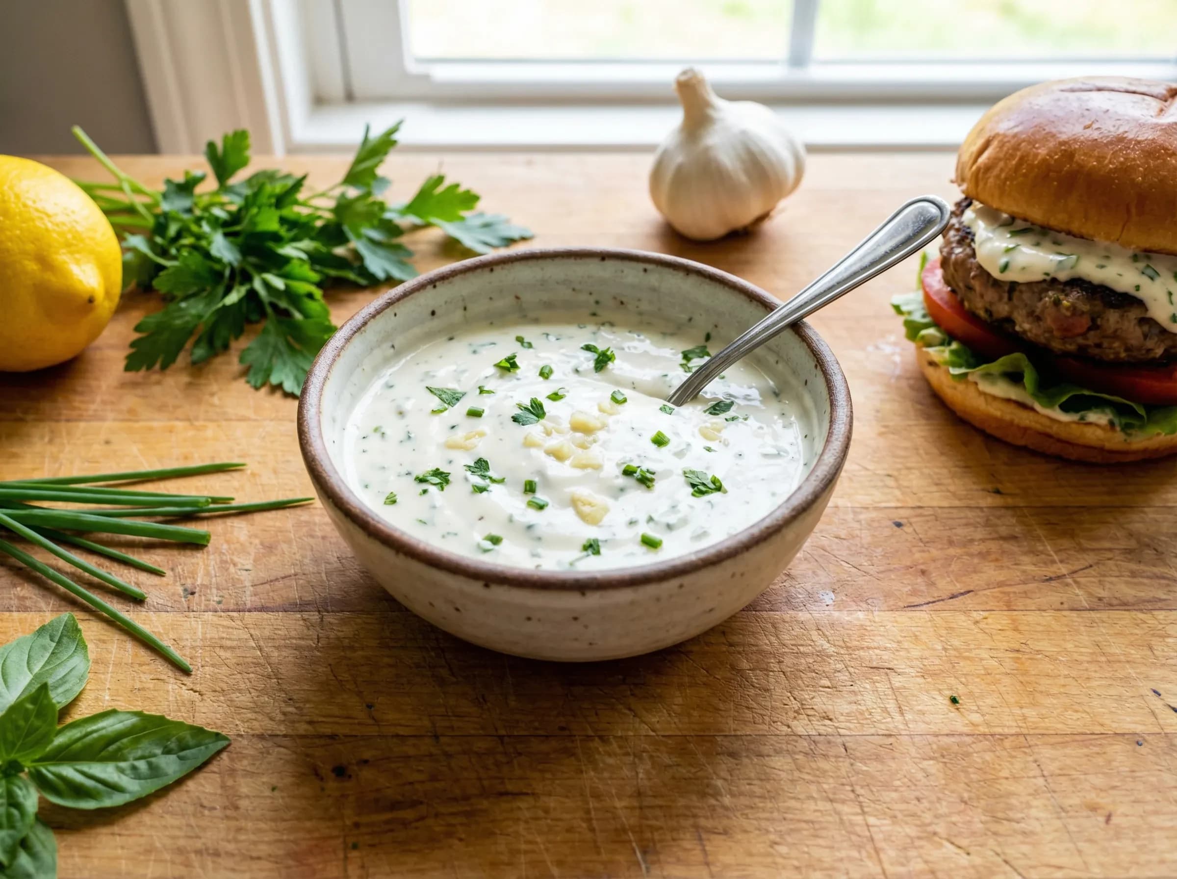 Fresh garlic herb aioli with parsley, chives, and basil for burgers