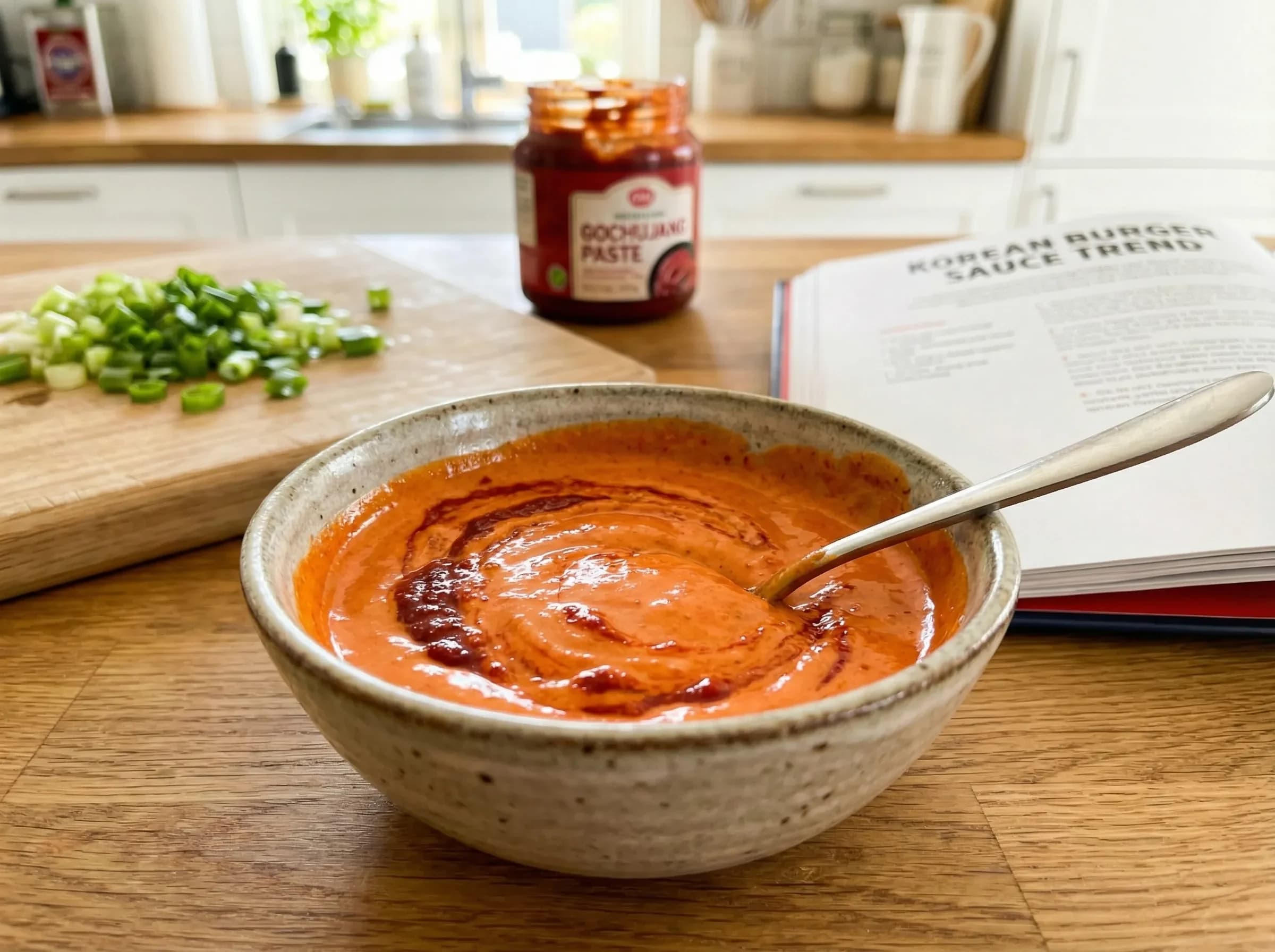 Korean gochujang mayo burger sauce with sesame oil and rice vinegar