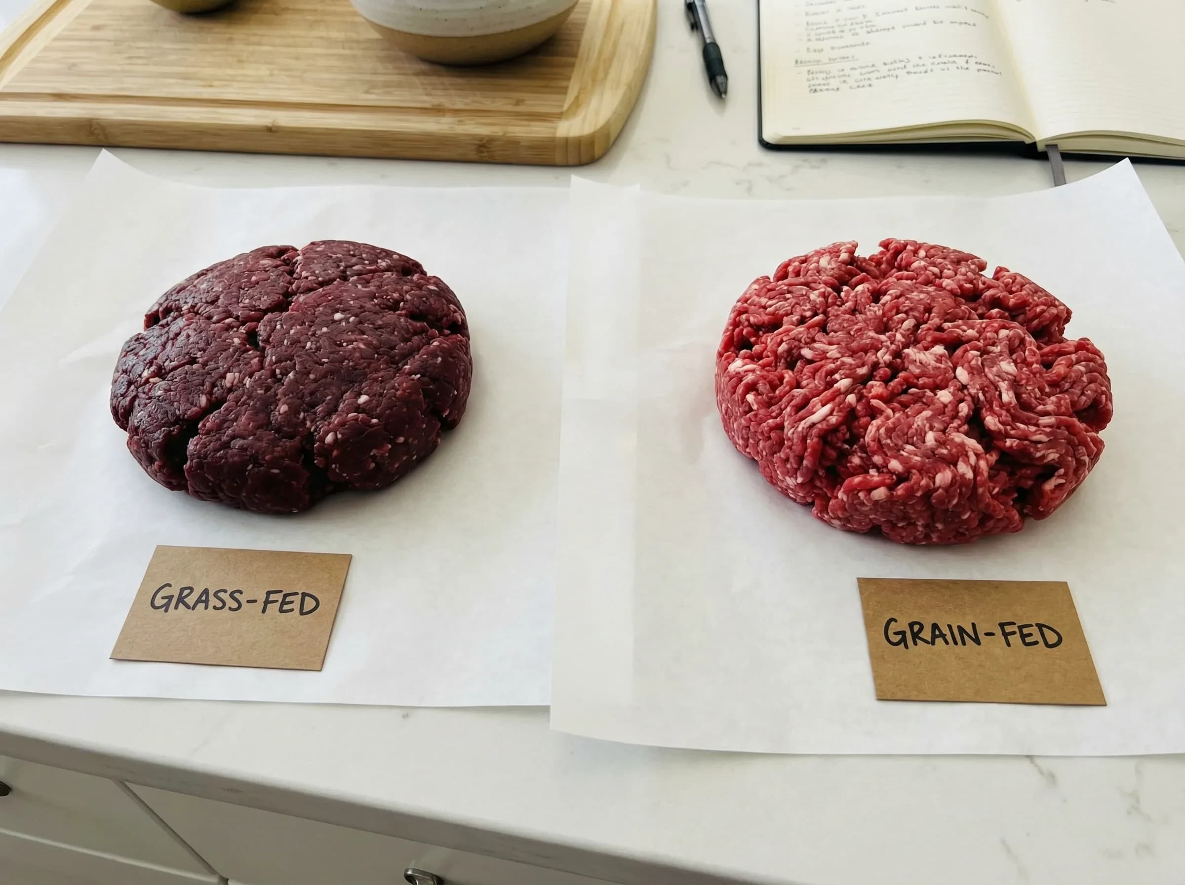 Side by side comparison of grass-fed and grain-fed ground beef showing color and marbling differences