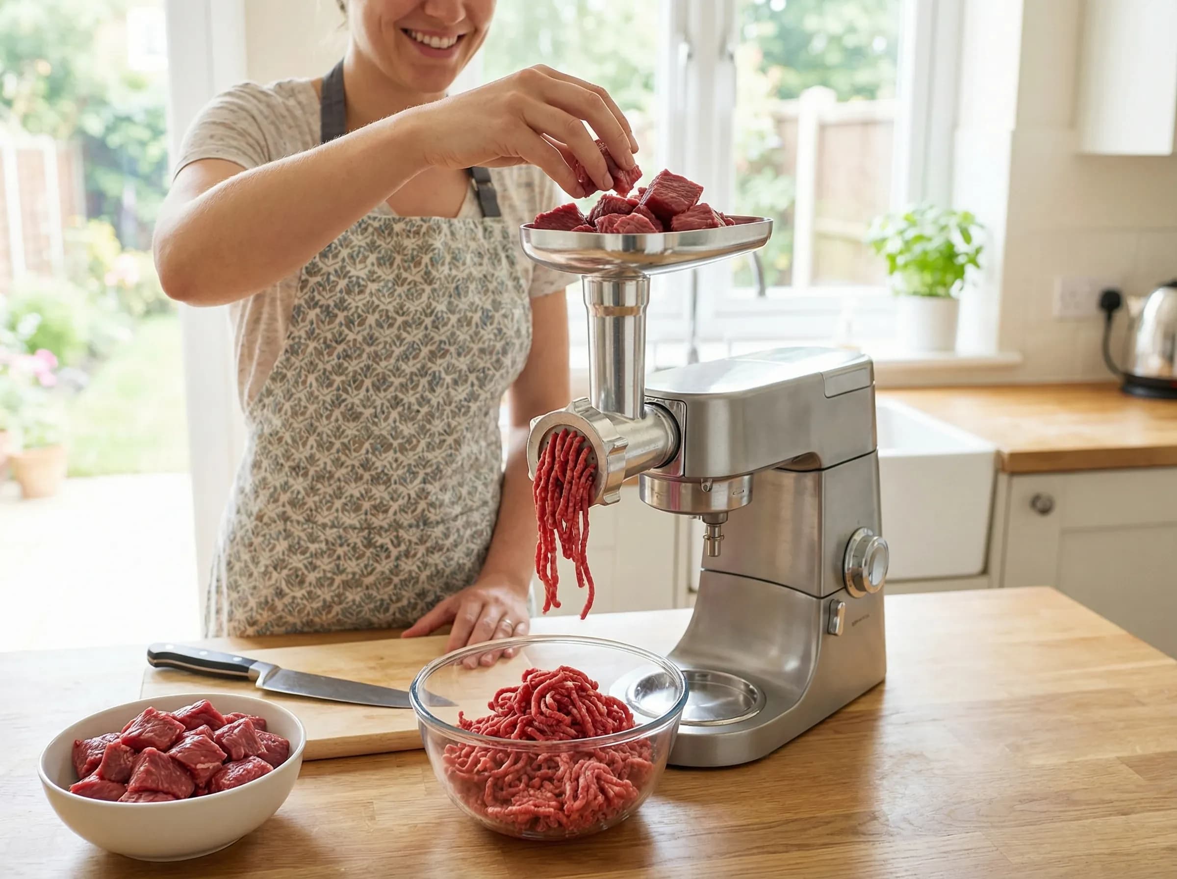 Home meat grinder processing fresh beef chunks for homemade ground beef