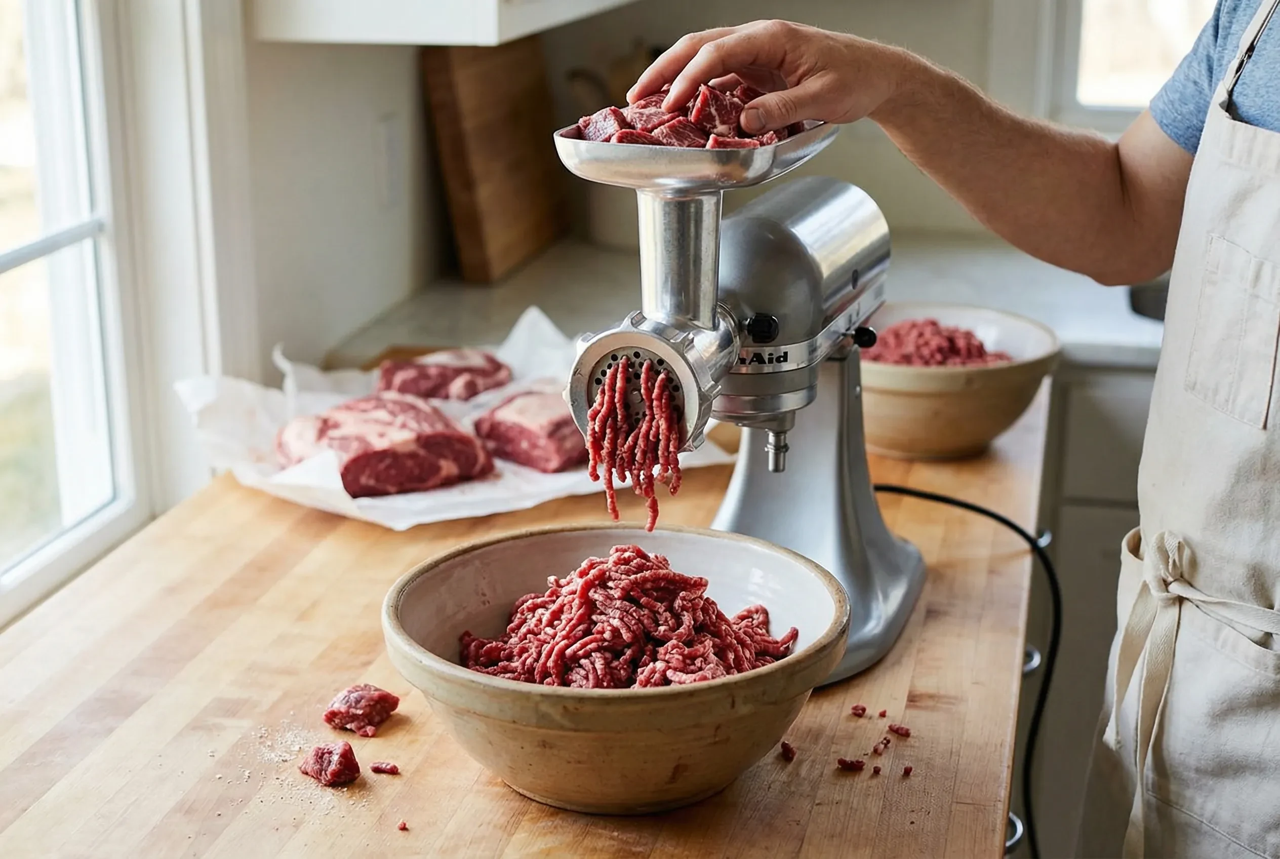 Fresh beef being ground through meat grinder for custom burger blend