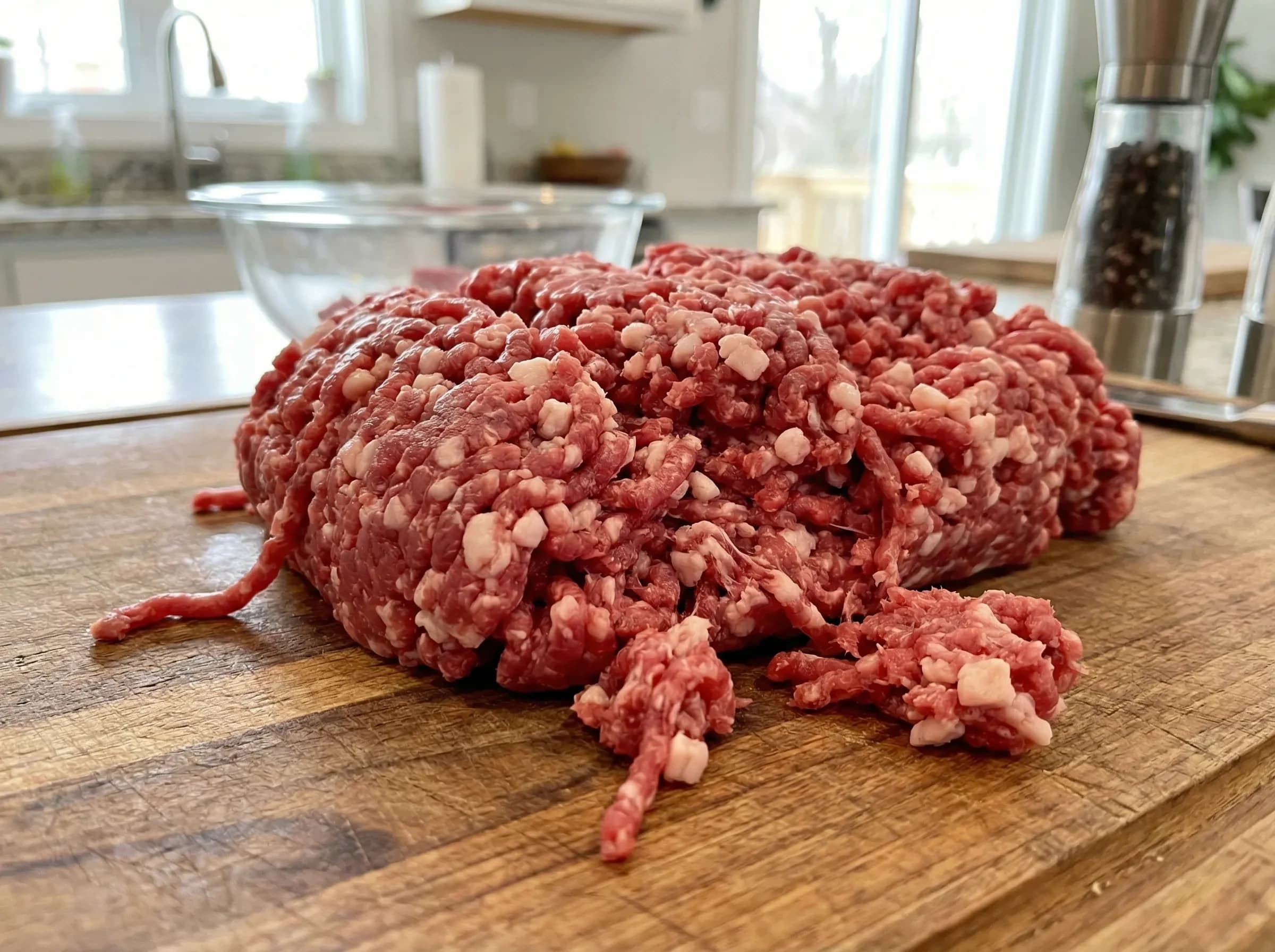 Ground chuck beef with 80/20 lean to fat ratio for smash burgers