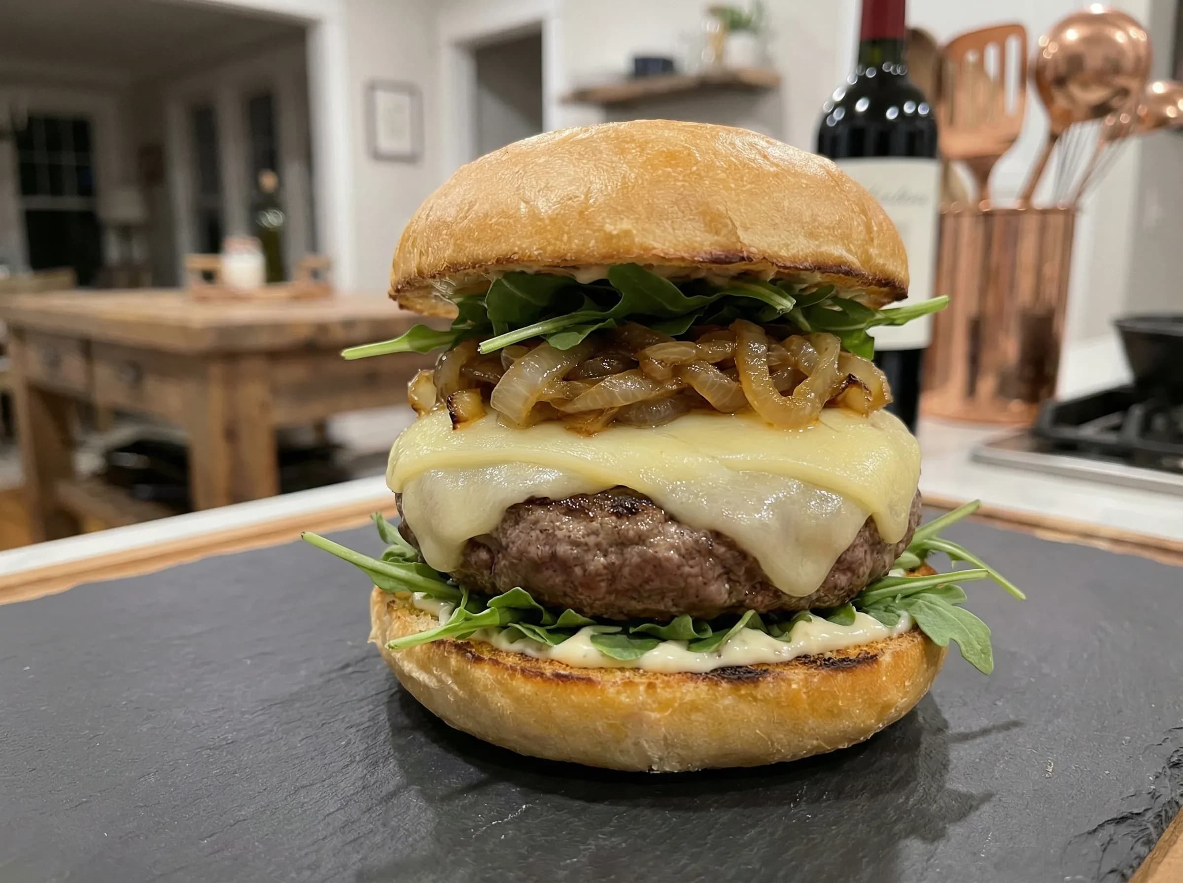 Gruyere cheese melted on gourmet burger with caramelized onions