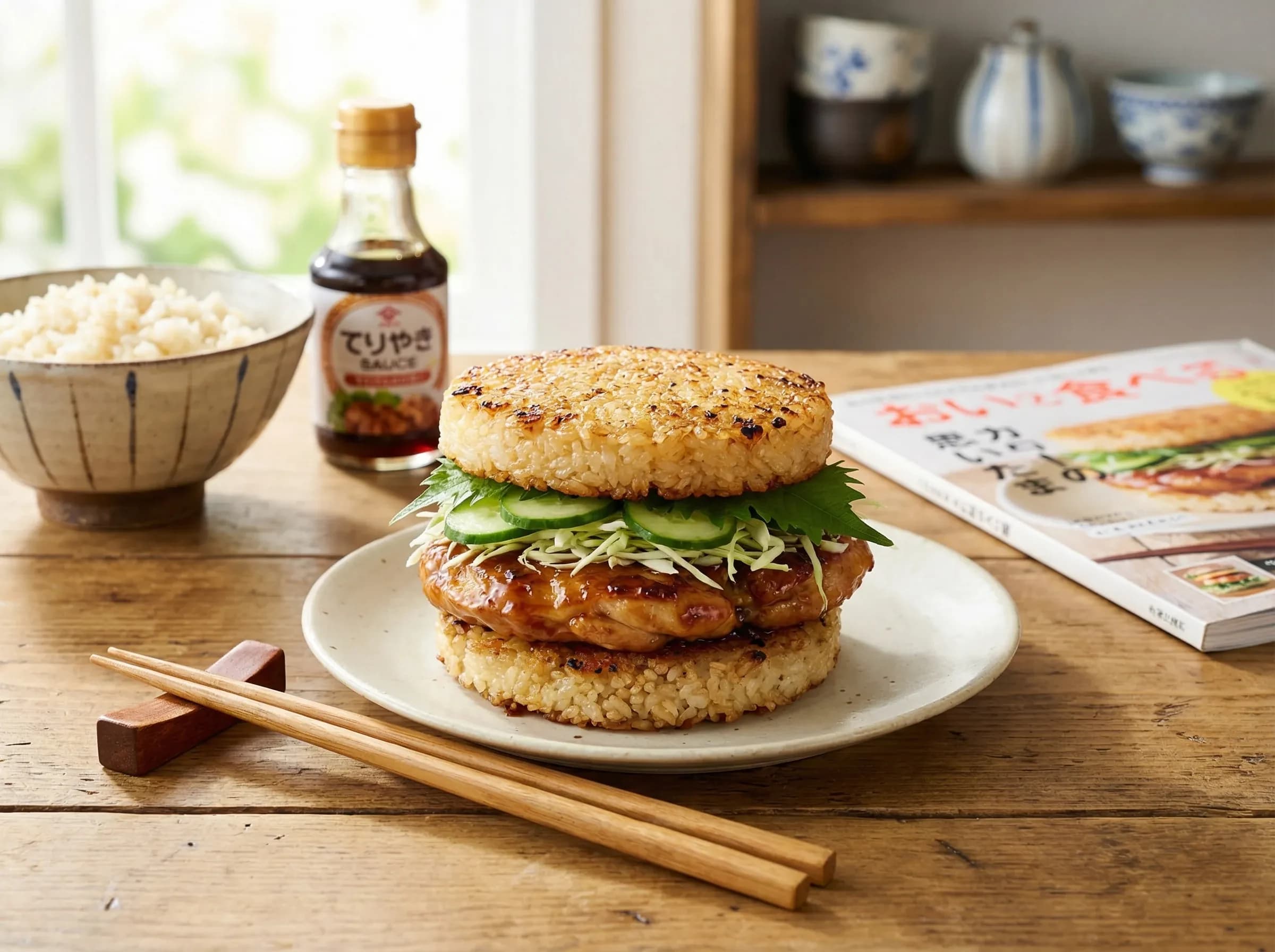 Japanese rice burger with teriyaki sauce and compacted rice buns instead of bread