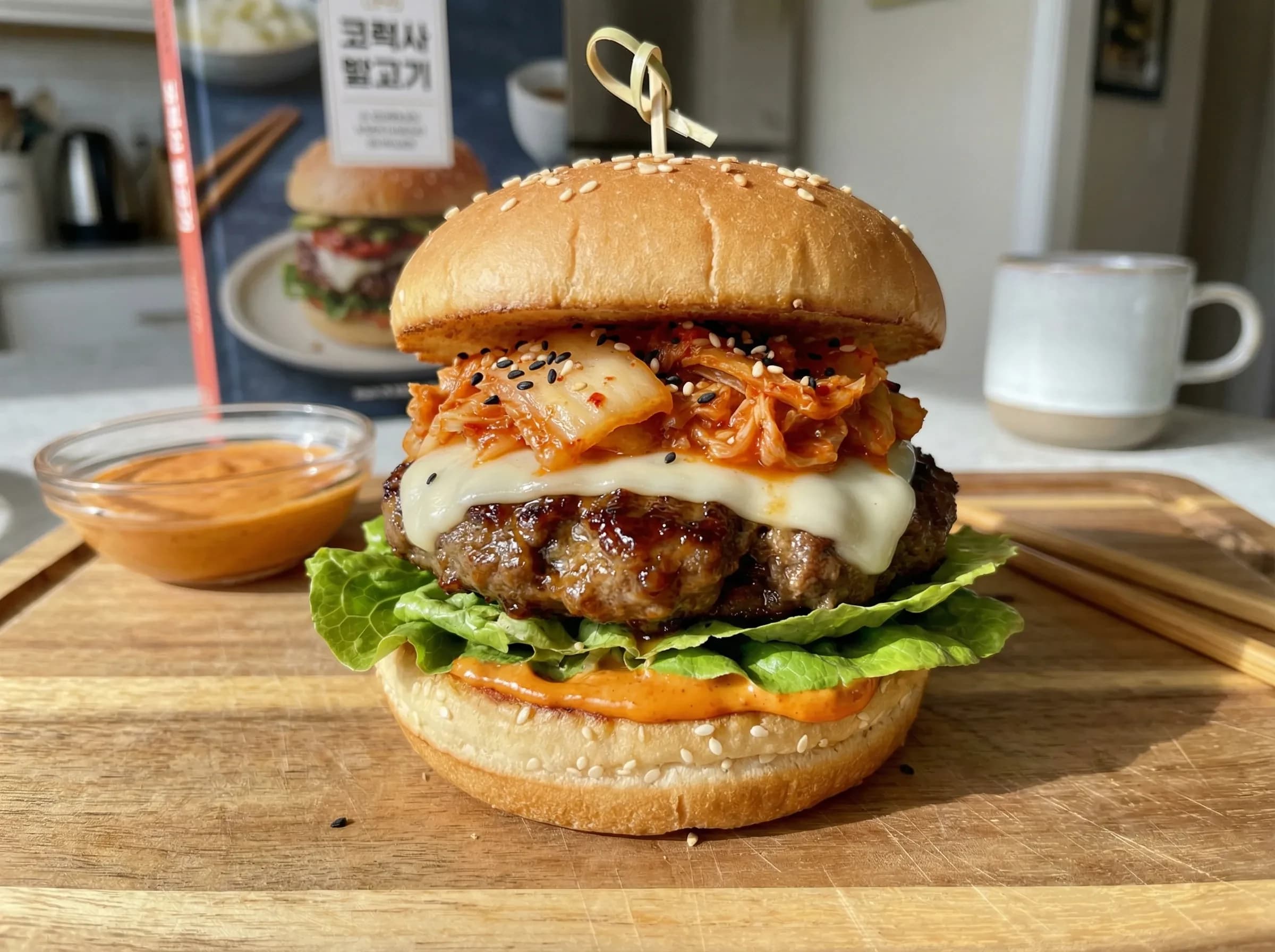 Korean bulgogi burger topped with spicy kimchi and gochujang mayo