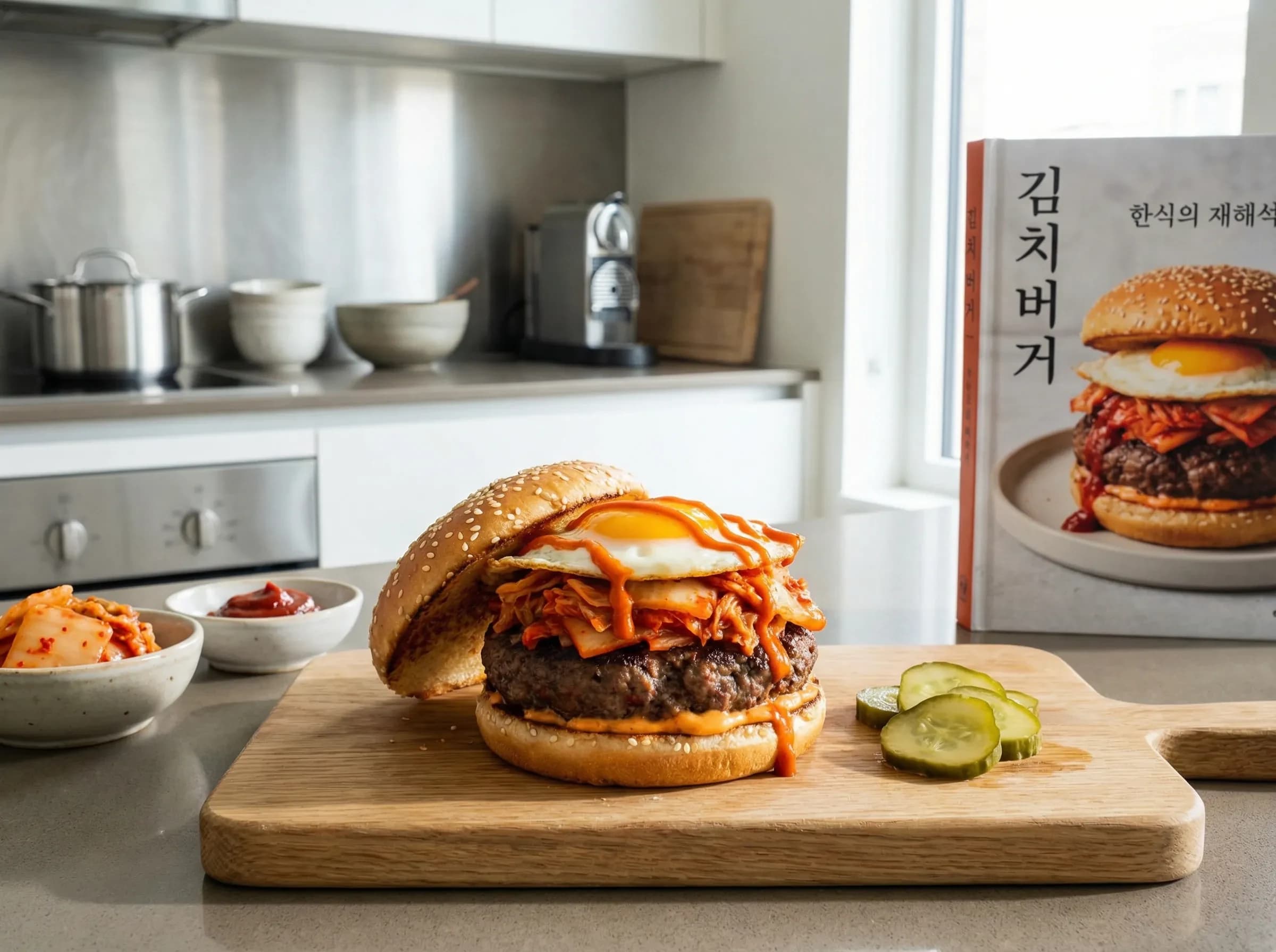 Korean kimchi burger with fermented vegetables and gochujang mayo