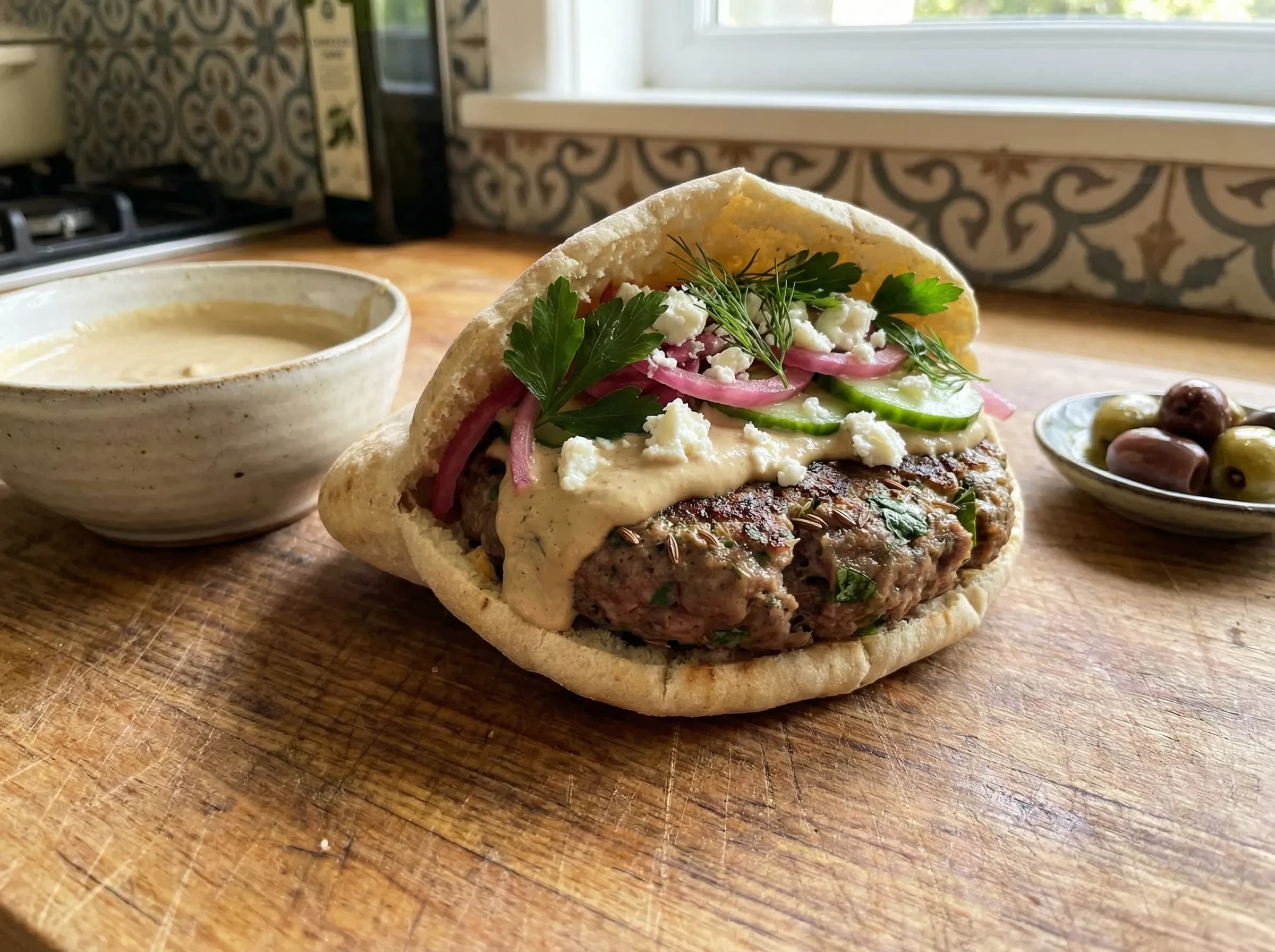 Middle Eastern lamb burger with tahini sauce, pickled vegetables and fresh herbs