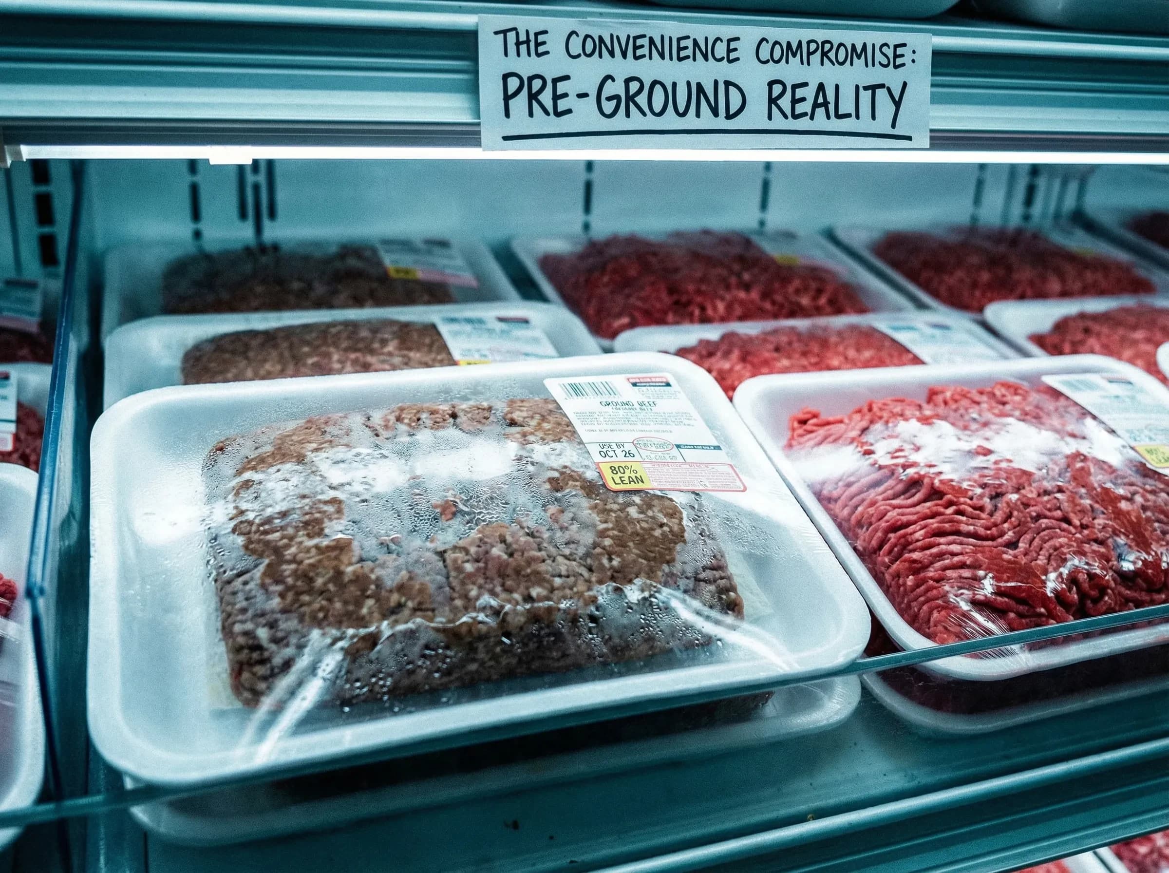 Pre-packaged ground beef in plastic packaging at grocery store refrigerated section