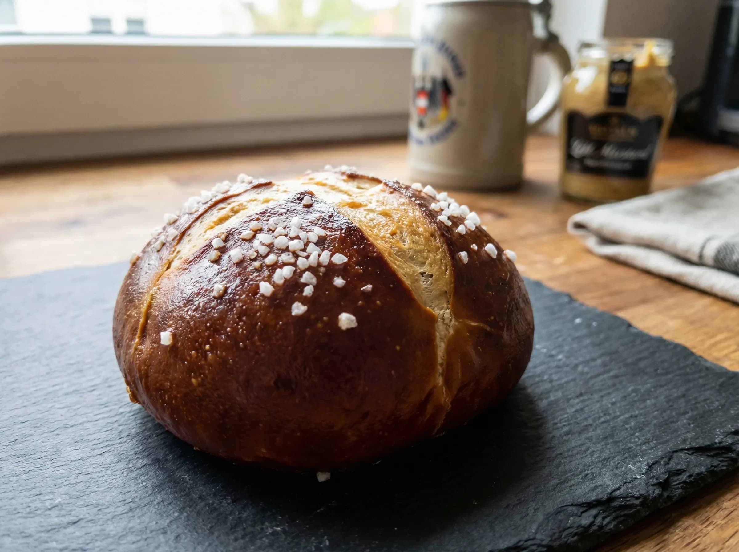 Dark brown pretzel burger bun with shiny crust and coarse salt