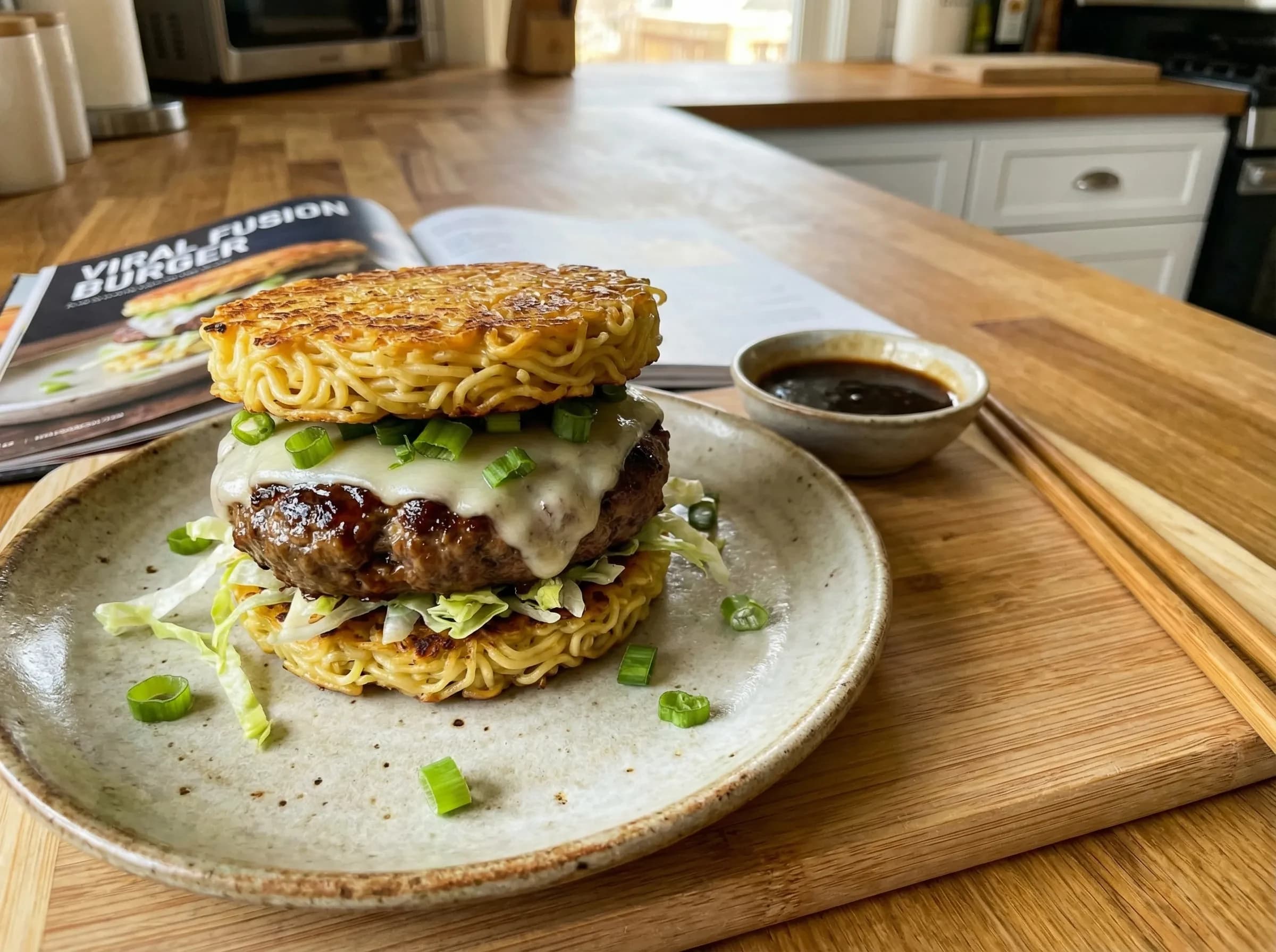 Ramen burger with crispy pan-fried noodle buns and teriyaki-glazed beef patty
