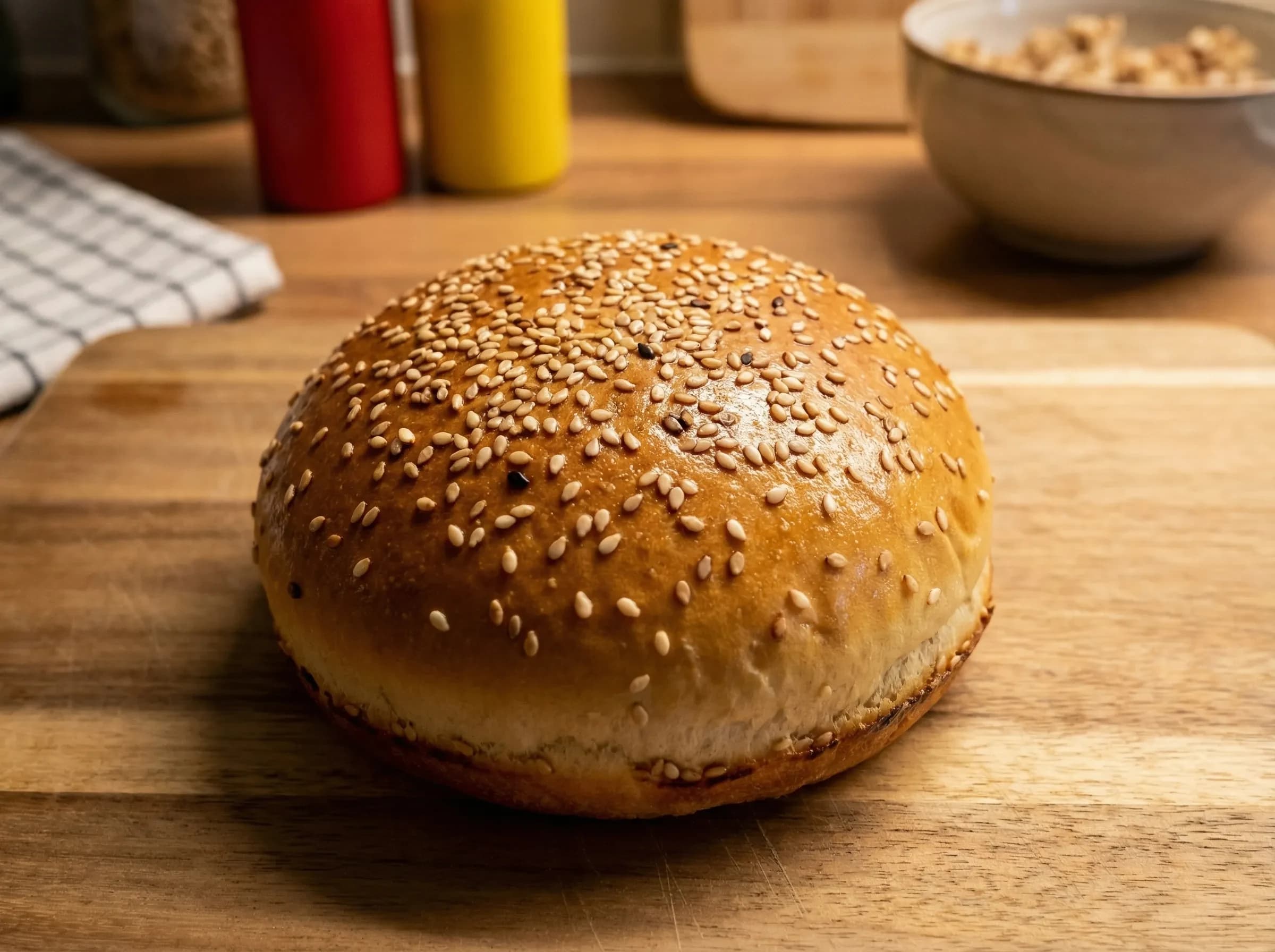 Classic sesame seed burger bun topped with toasted sesame seeds