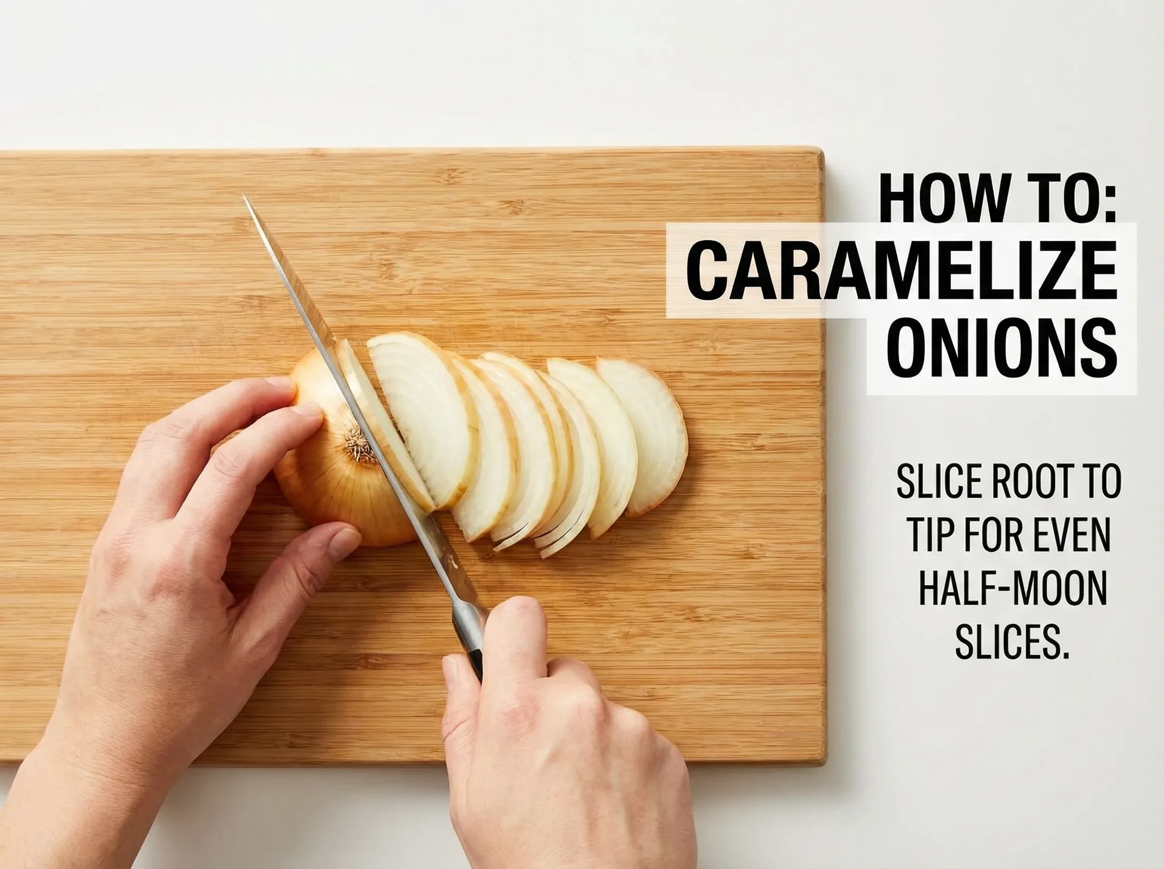 Yellow onions sliced into uniform half-moons for caramelizing