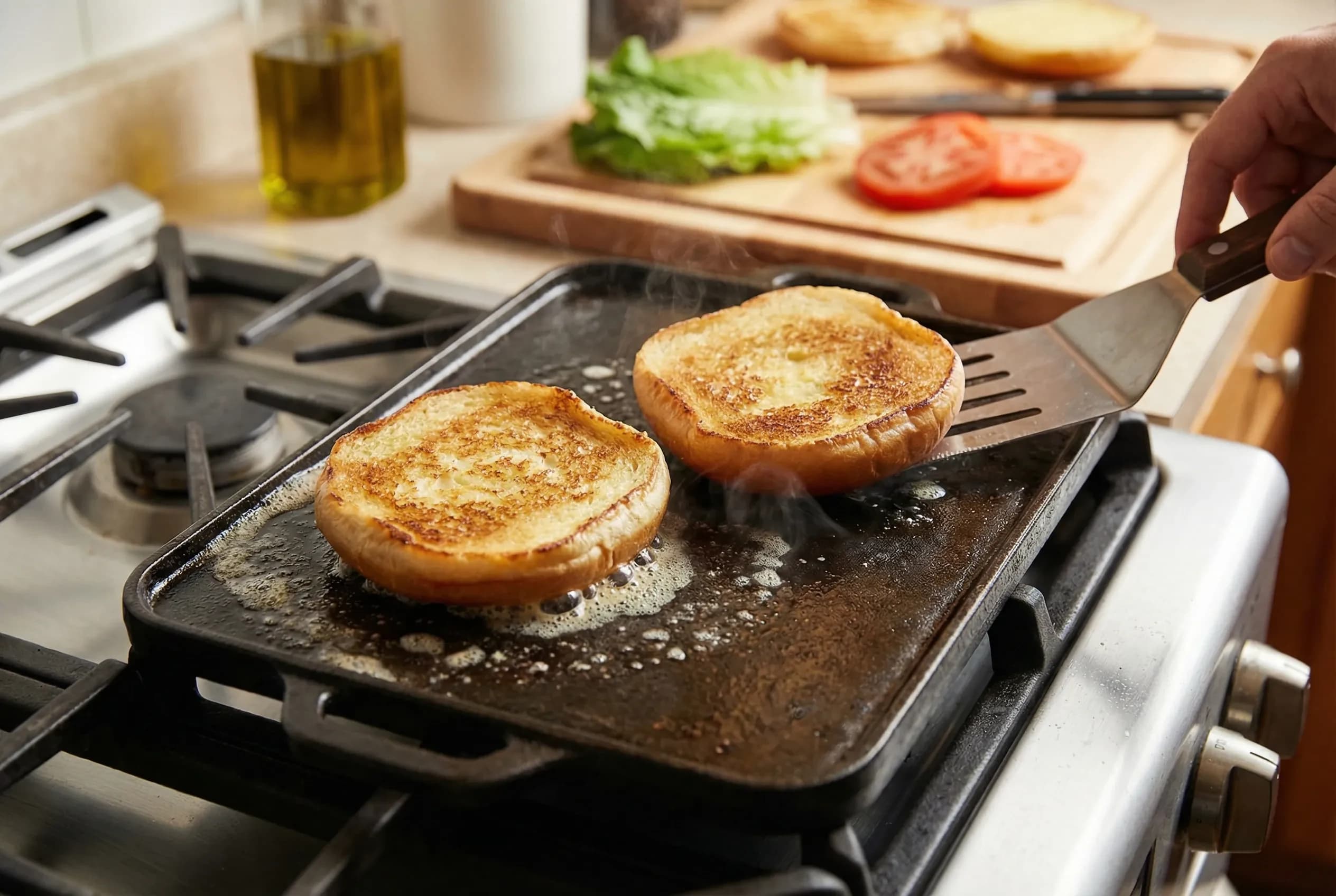 Burger buns toasted golden brown on a griddle