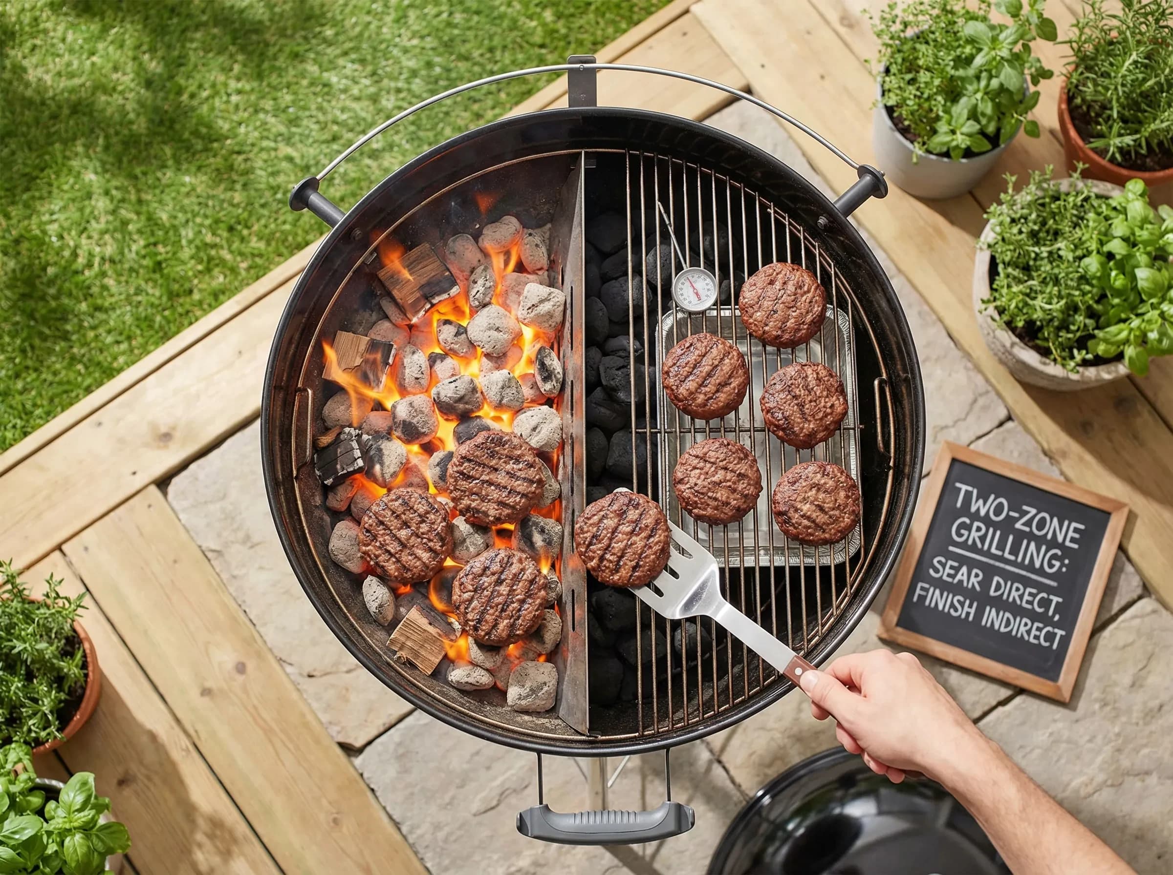 Charcoal grill with two-zone setup showing hot coals on one side