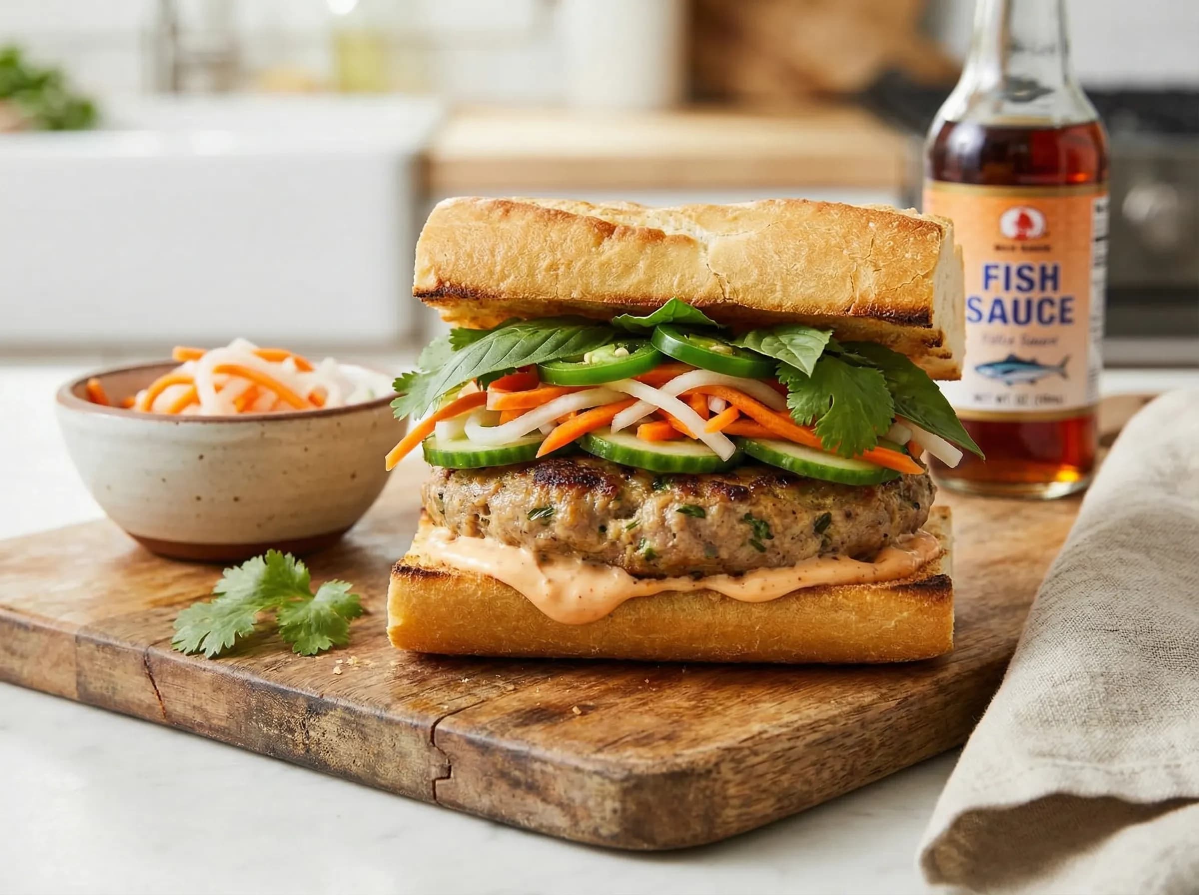 Banh mi burger with lemongrass pork patty, pickled vegetables, and fresh herbs