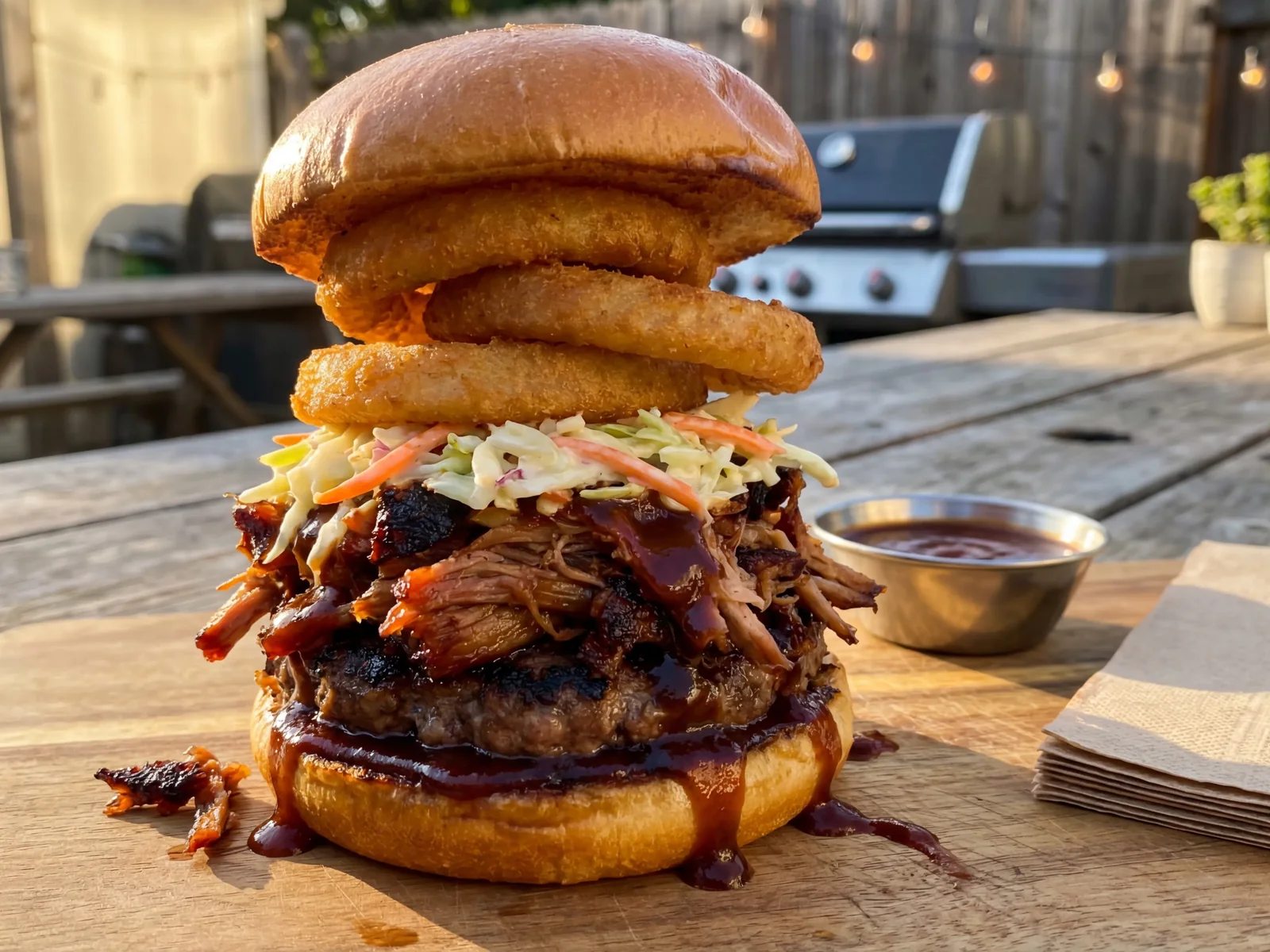 BBQ Beef Burger with Pulled Pork and Onion Rings