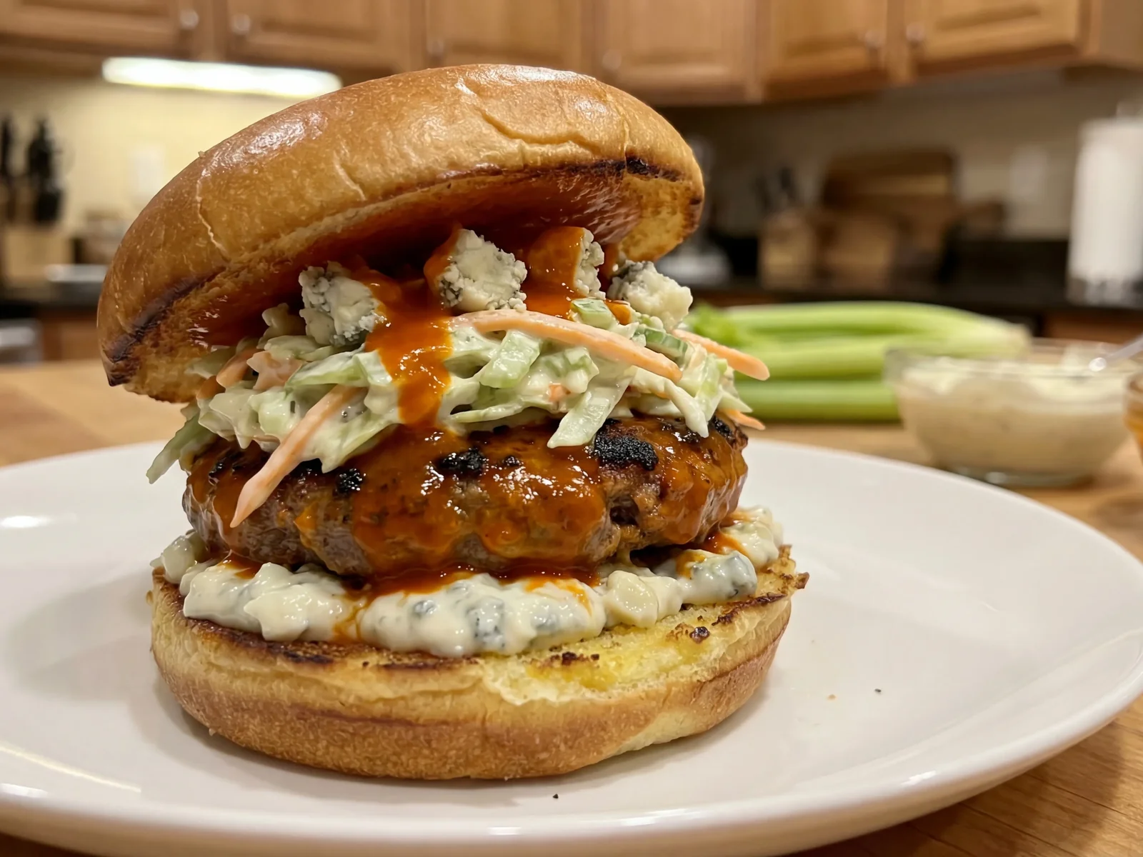 Buffalo Blue Cheese Burger with Celery Slaw