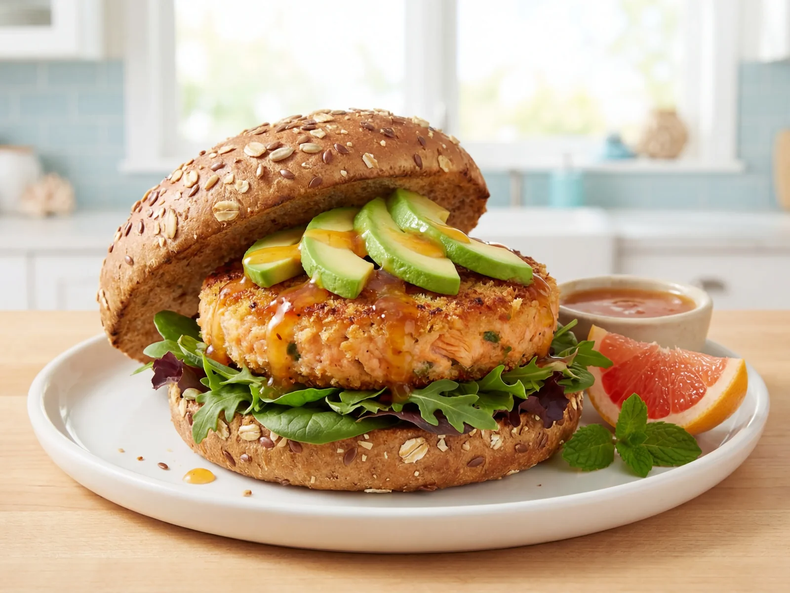 Salmon Burger with Grapefruit-Ginger Glaze