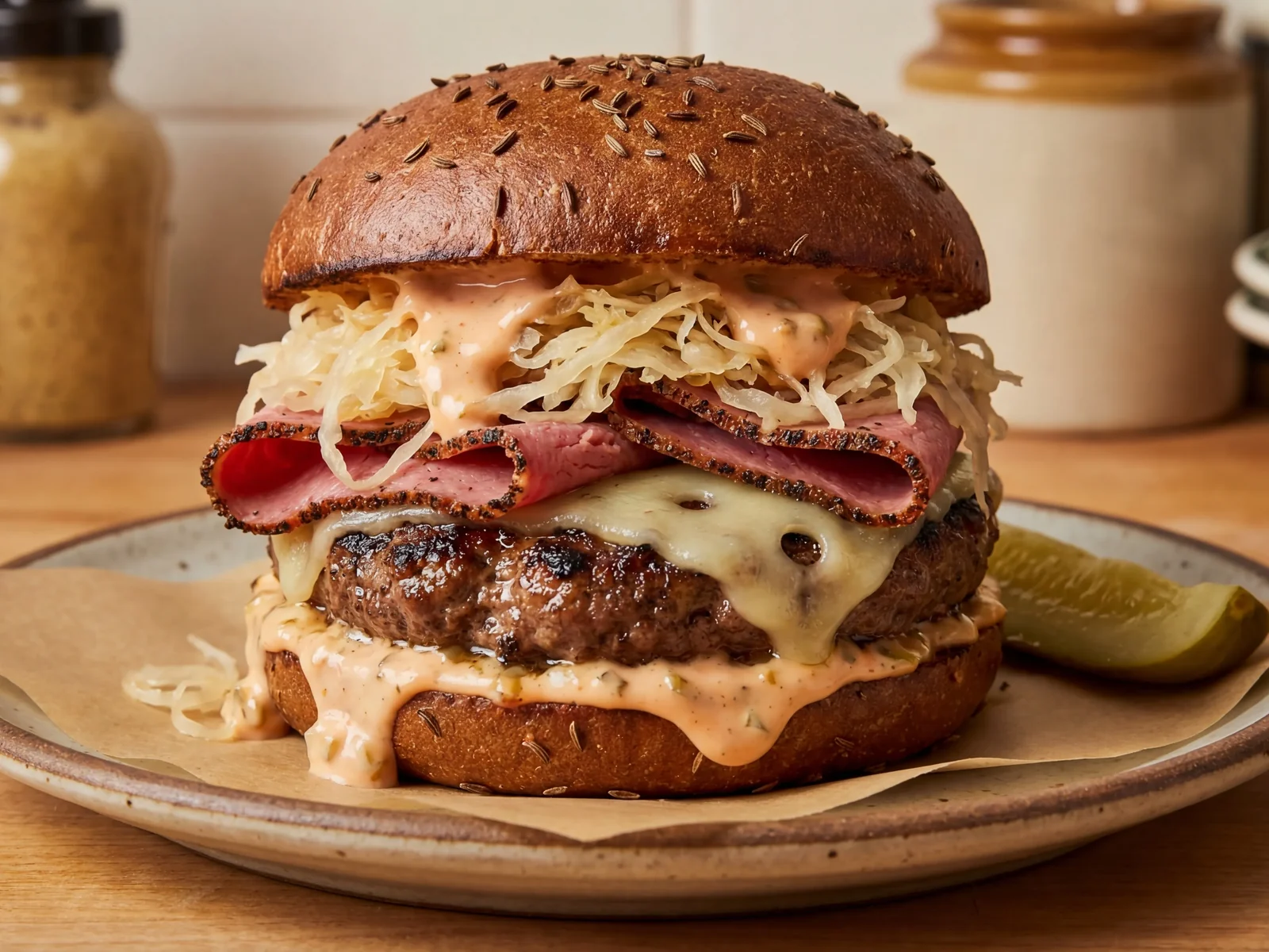 Reuben Burger with Pastrami and Sauerkraut