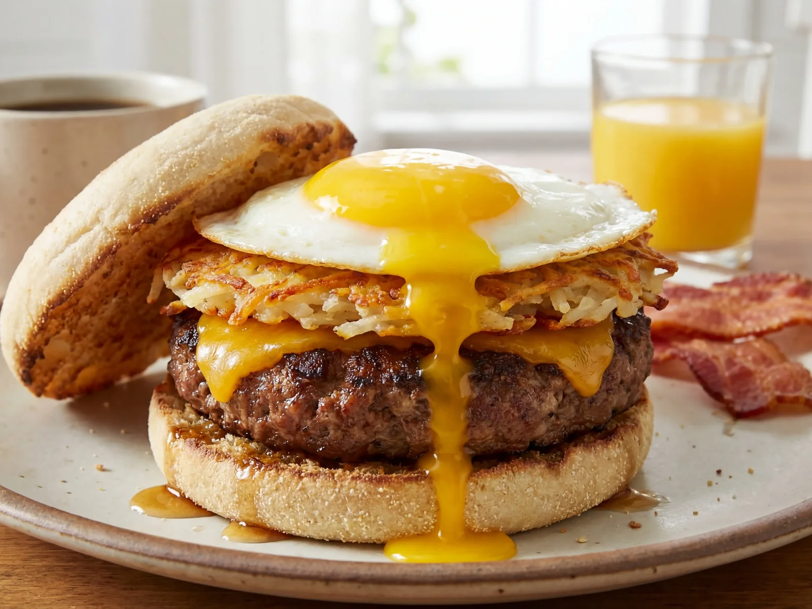 Breakfast Burger with Fried Egg and Hash Browns
