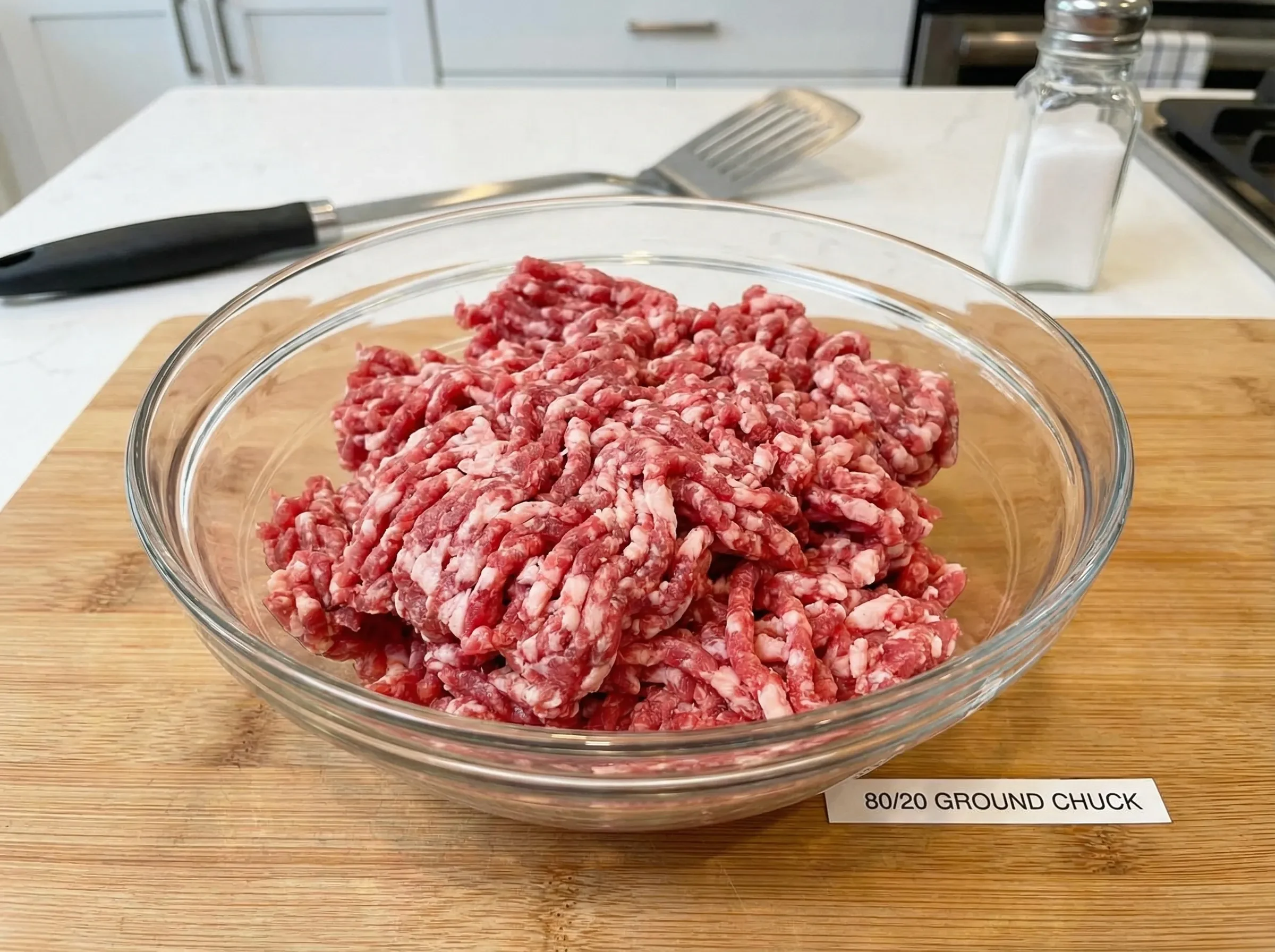 Fresh ground beef with 80/20 lean-to-fat ratio being formed into burger patty