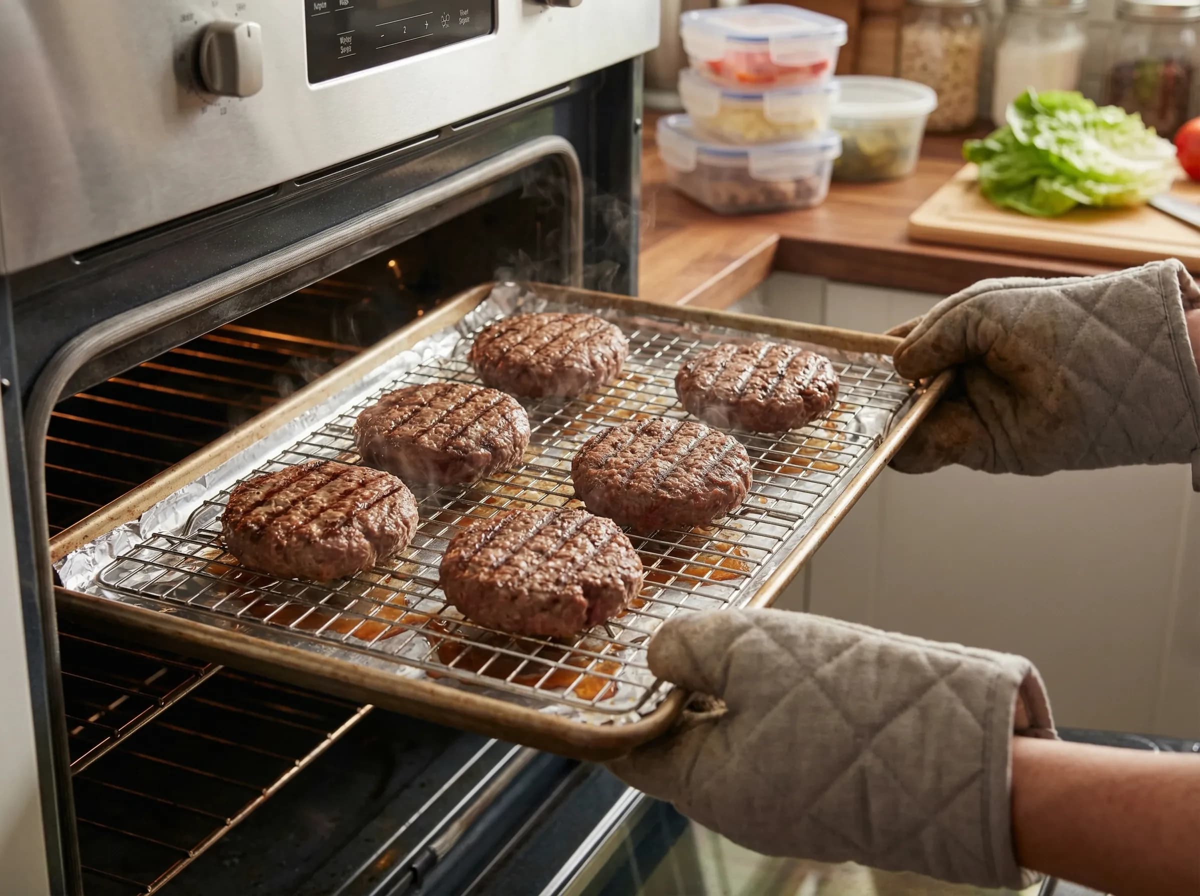 Multiple cooked burger patties on baking sheet in warm oven for crowd serving