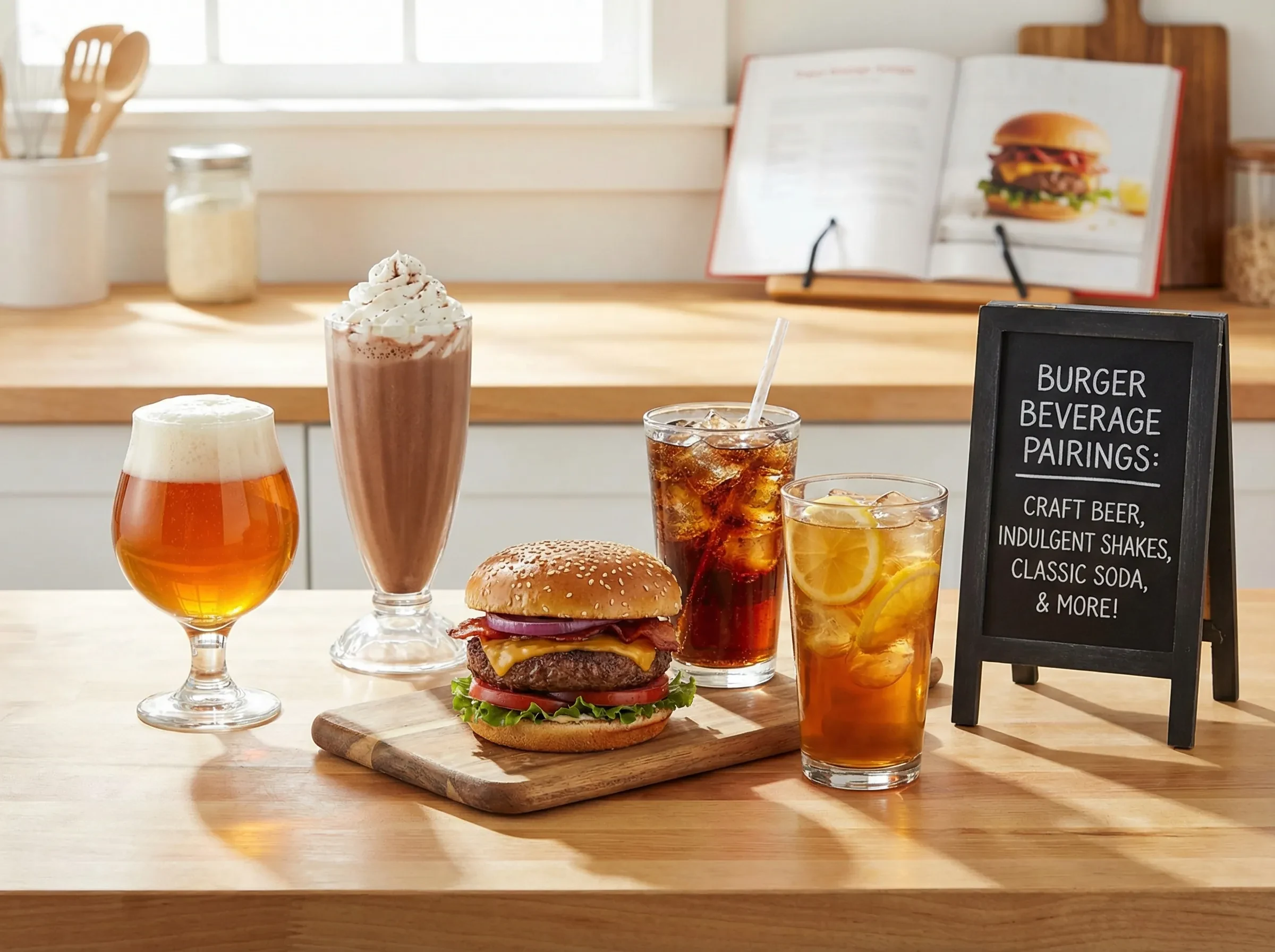 Various burger drink pairings including beer, soda, milkshake and iced tea
