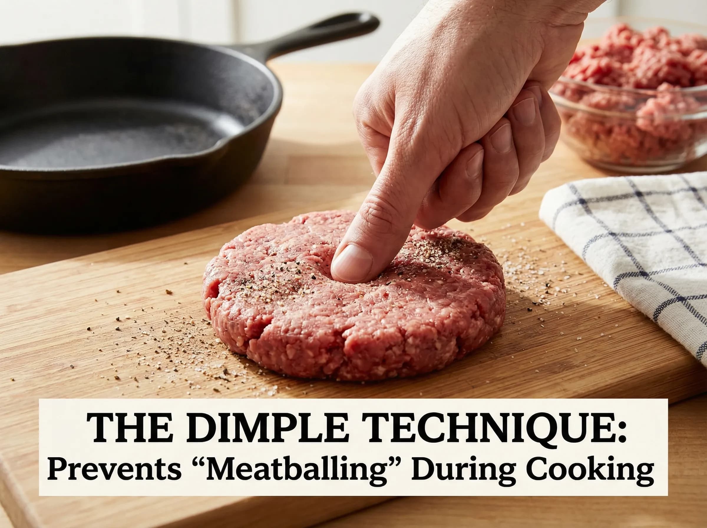 Thumb pressing dimple into center of raw burger patty to prevent doming
