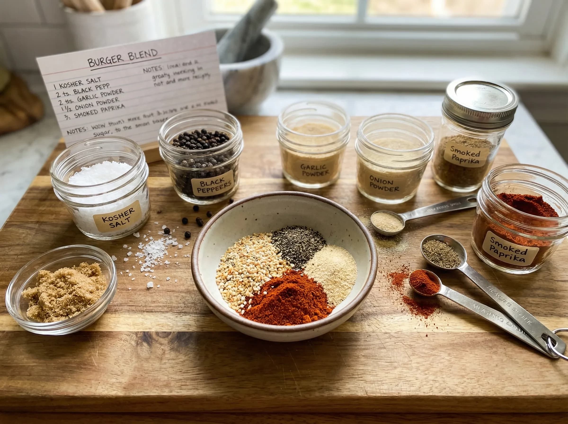 Homemade burger seasoning blend with garlic powder, paprika, and spices