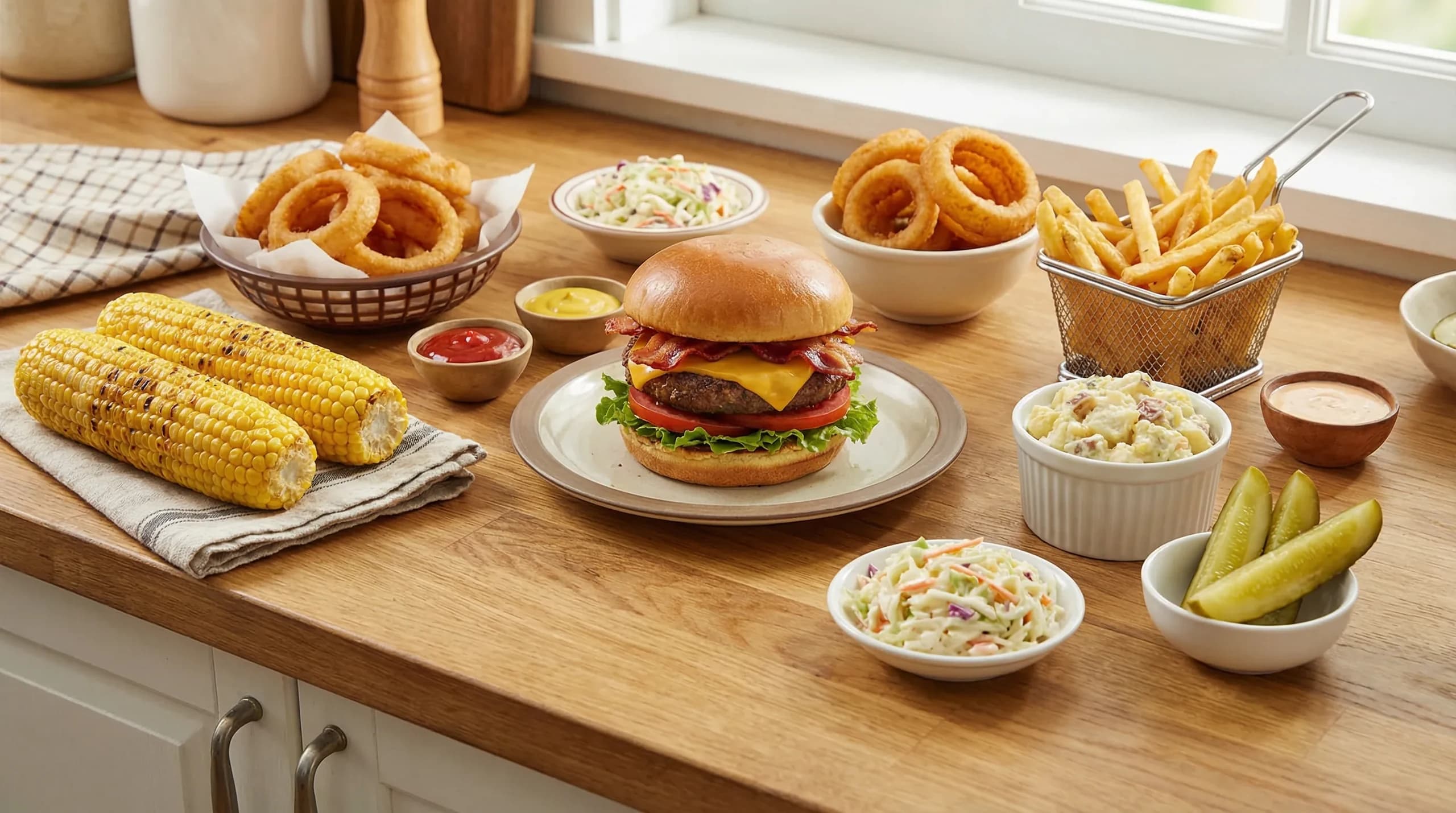 Complete burger meal spread with coleslaw, onion rings, potato salad and grilled corn on picnic table
