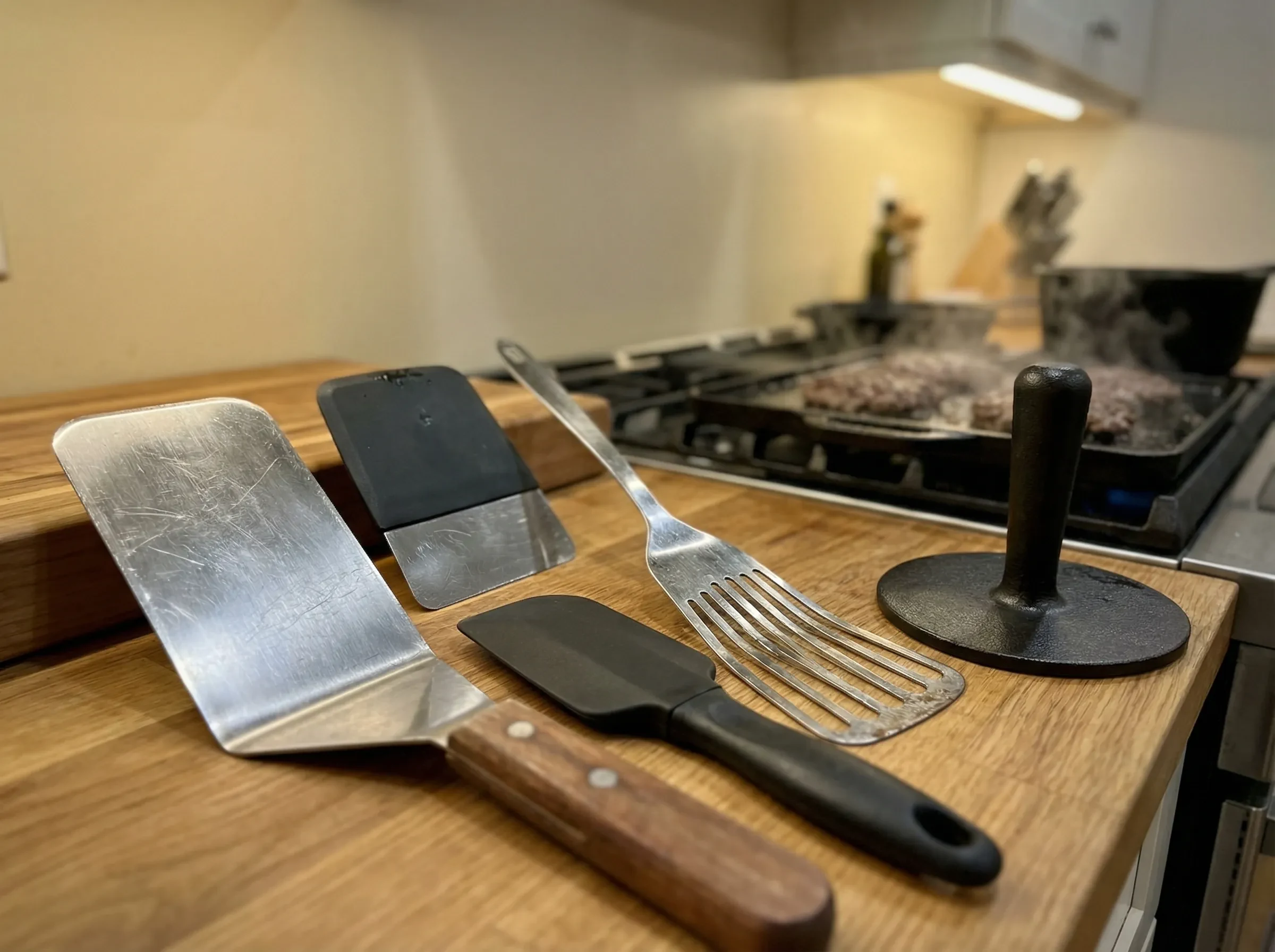 Professional stainless steel burger spatulas with beveled edges for smash burgers next to standard spatula